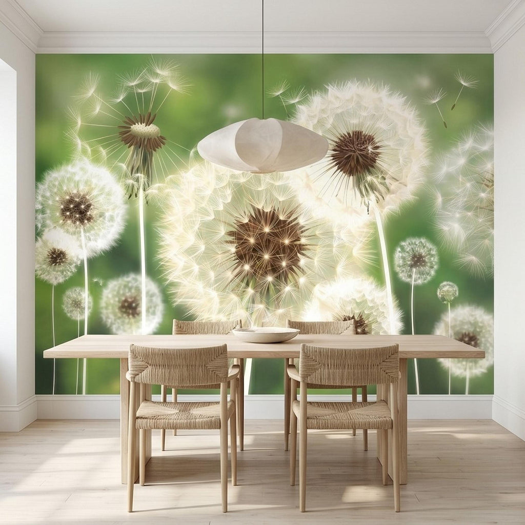 Dandelion Seeds Peel and Stick Wall Mural, Soft Green Nature Background, White Puff Flowers Close Up, Spring Botanical Wallpaper