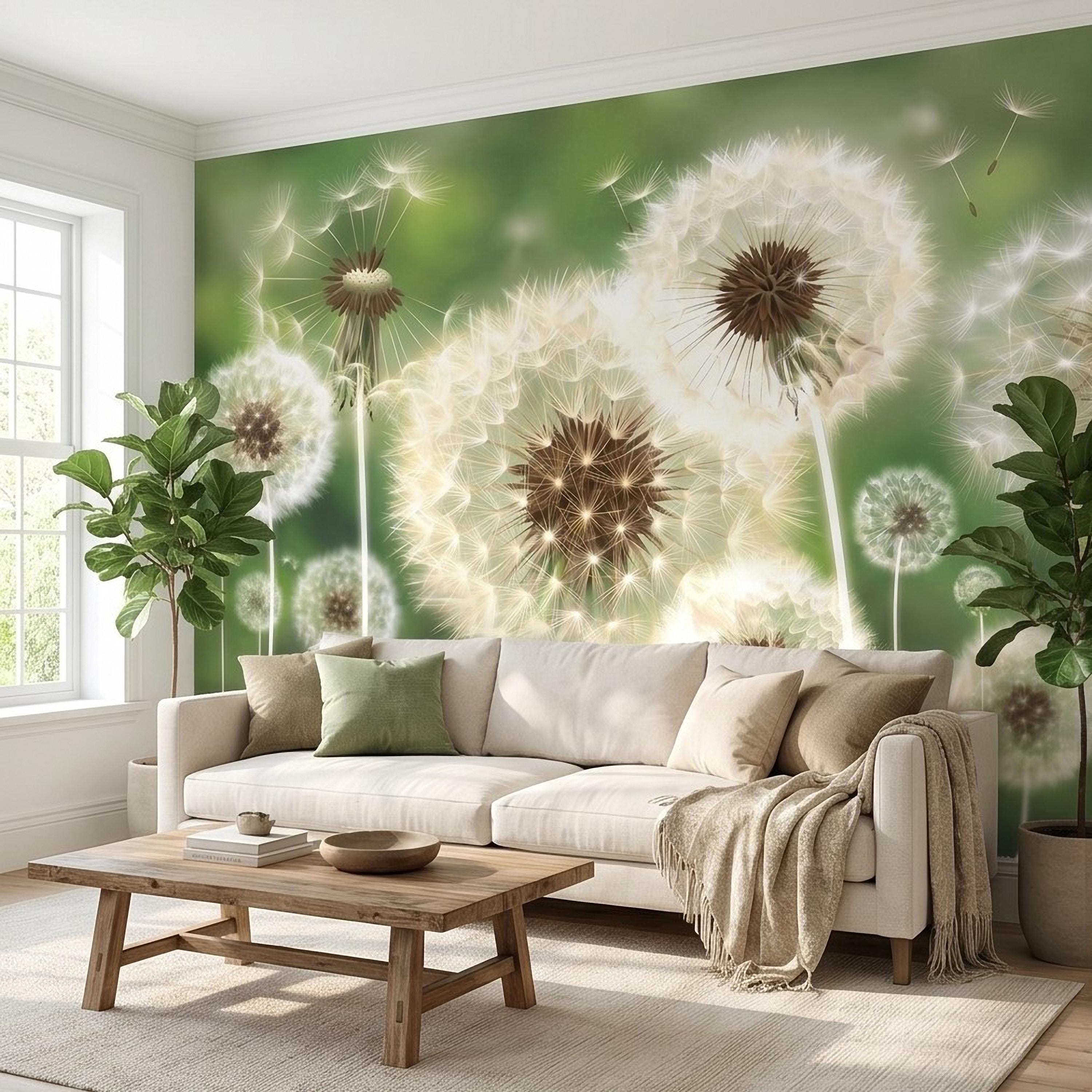 Dandelion Seeds Peel and Stick Wall Mural, Soft Green Nature Background, White Puff Flowers Close Up, Spring Botanical Wallpaper