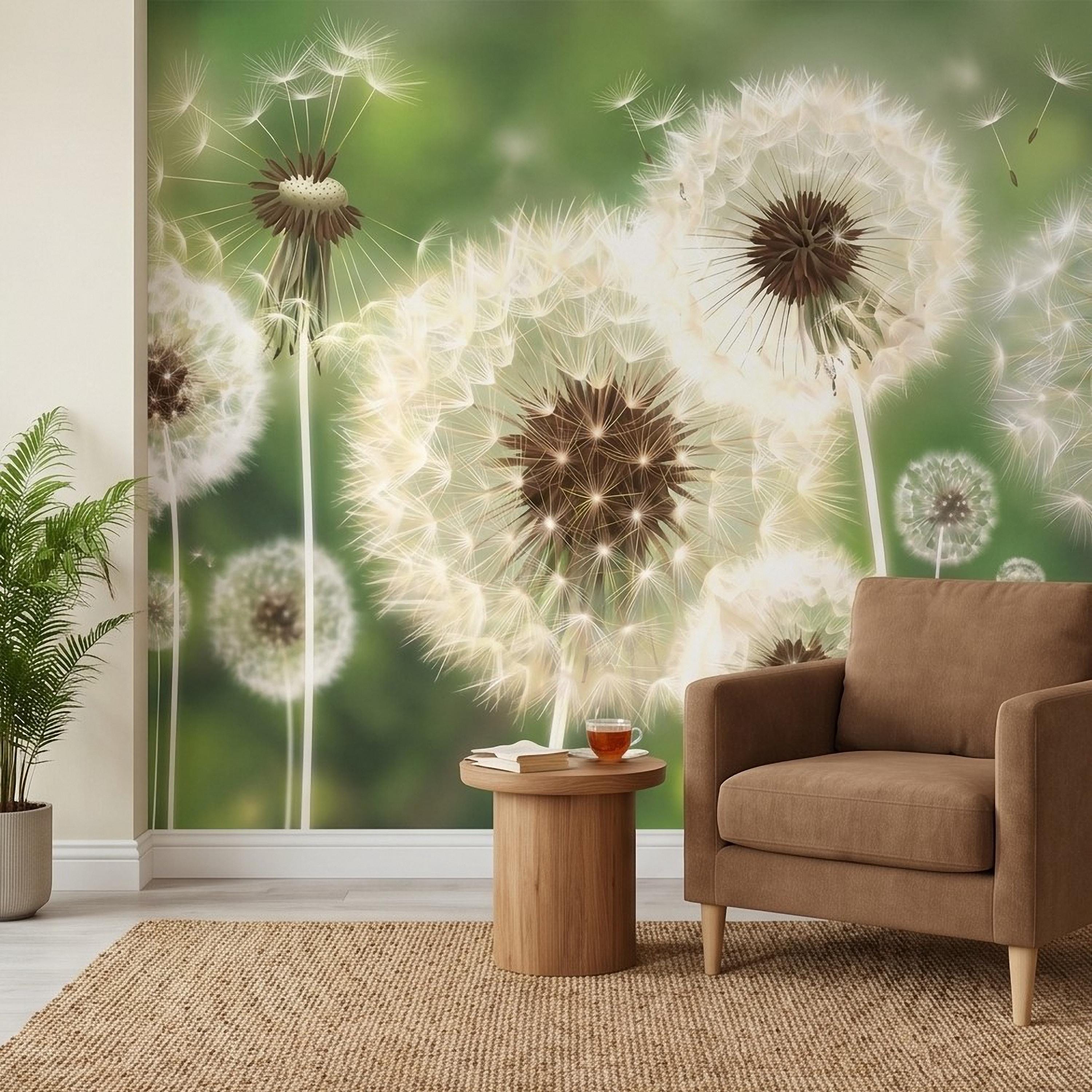 Dandelion Seeds Peel and Stick Wall Mural, Soft Green Nature Background, White Puff Flowers Close Up, Spring Botanical Wallpaper