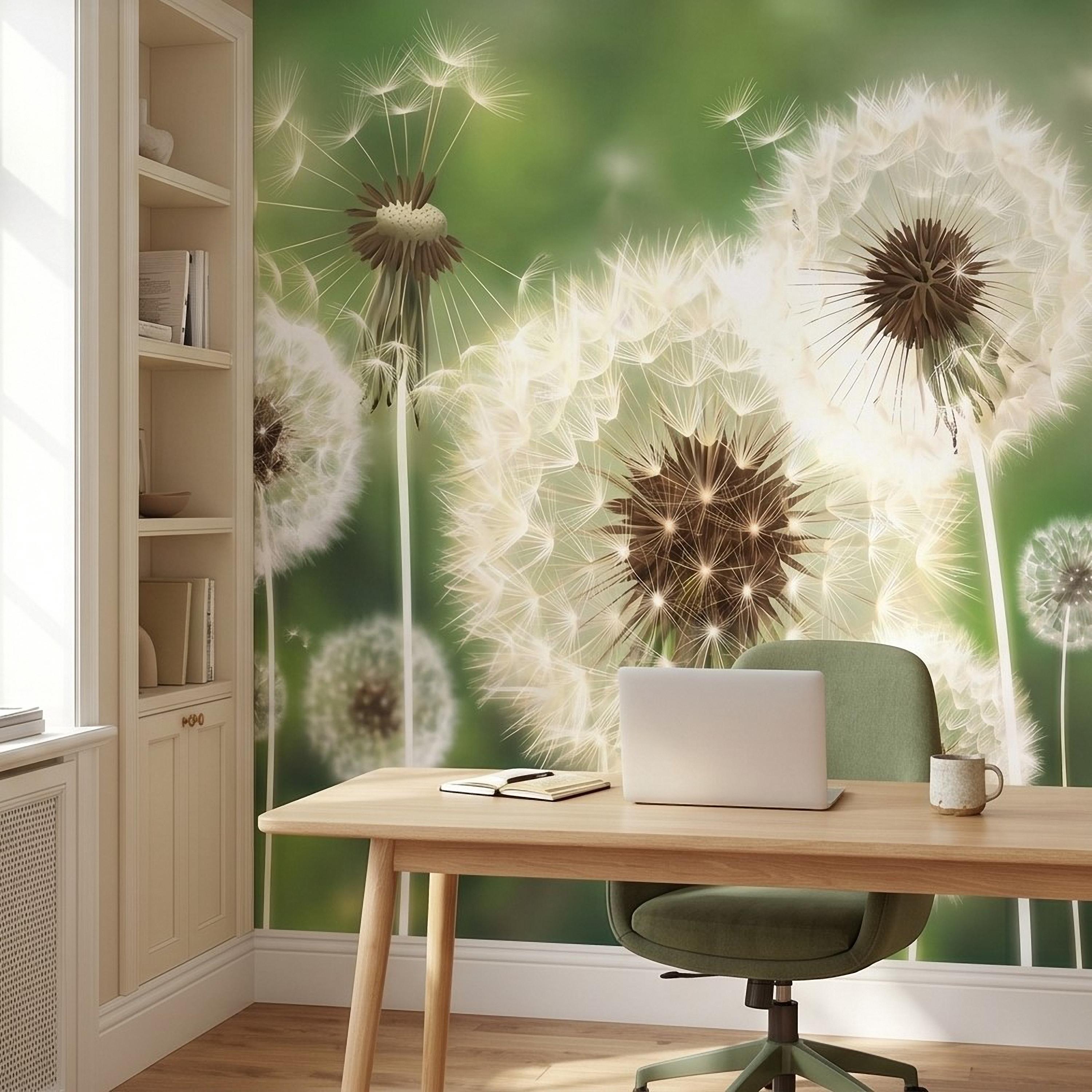 Dandelion Seeds Peel and Stick Wall Mural, Soft Green Nature Background, White Puff Flowers Close Up, Spring Botanical Wallpaper
