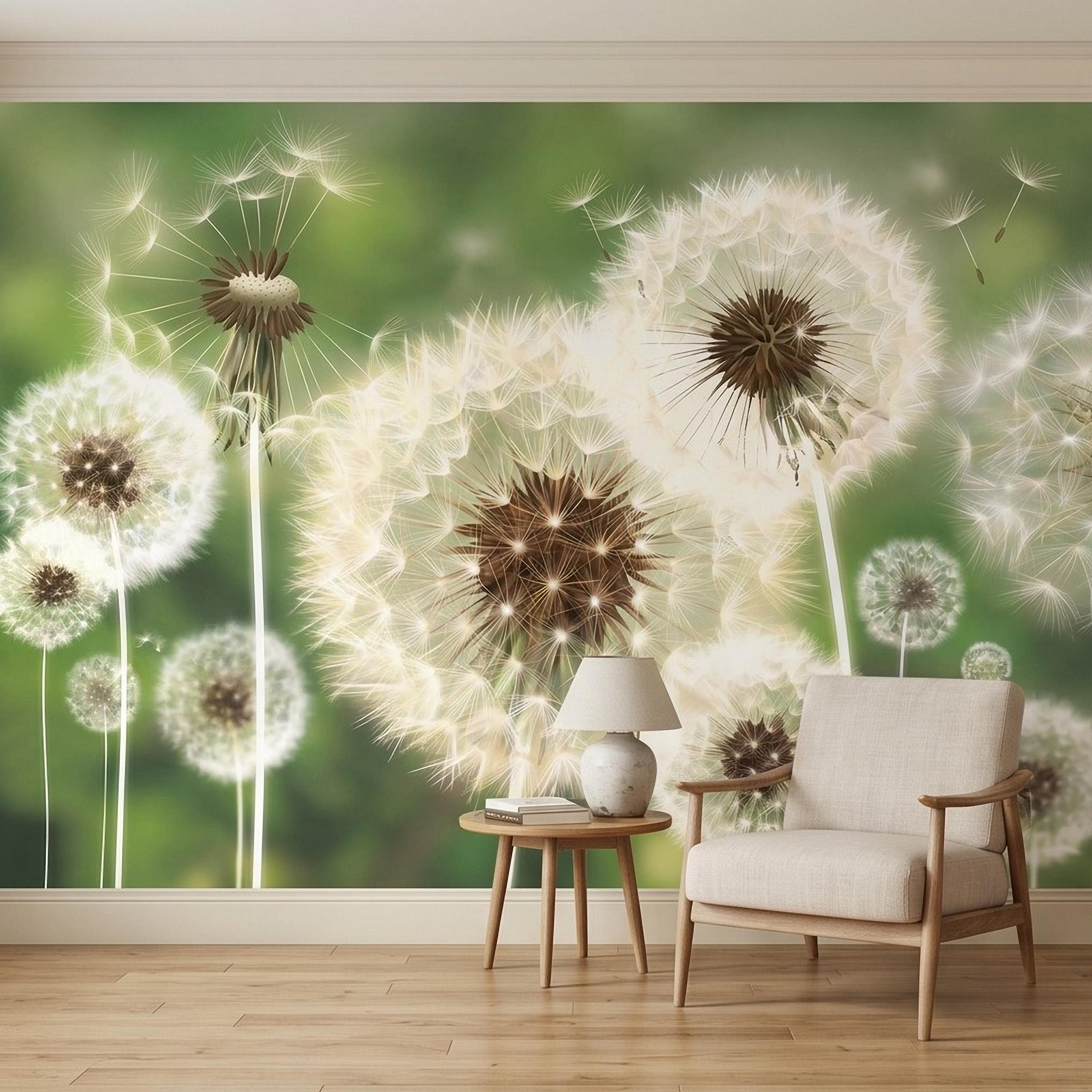 Dandelion Seeds Peel and Stick Wall Mural, Soft Green Nature Background, White Puff Flowers Close Up, Spring Botanical Wallpaper
