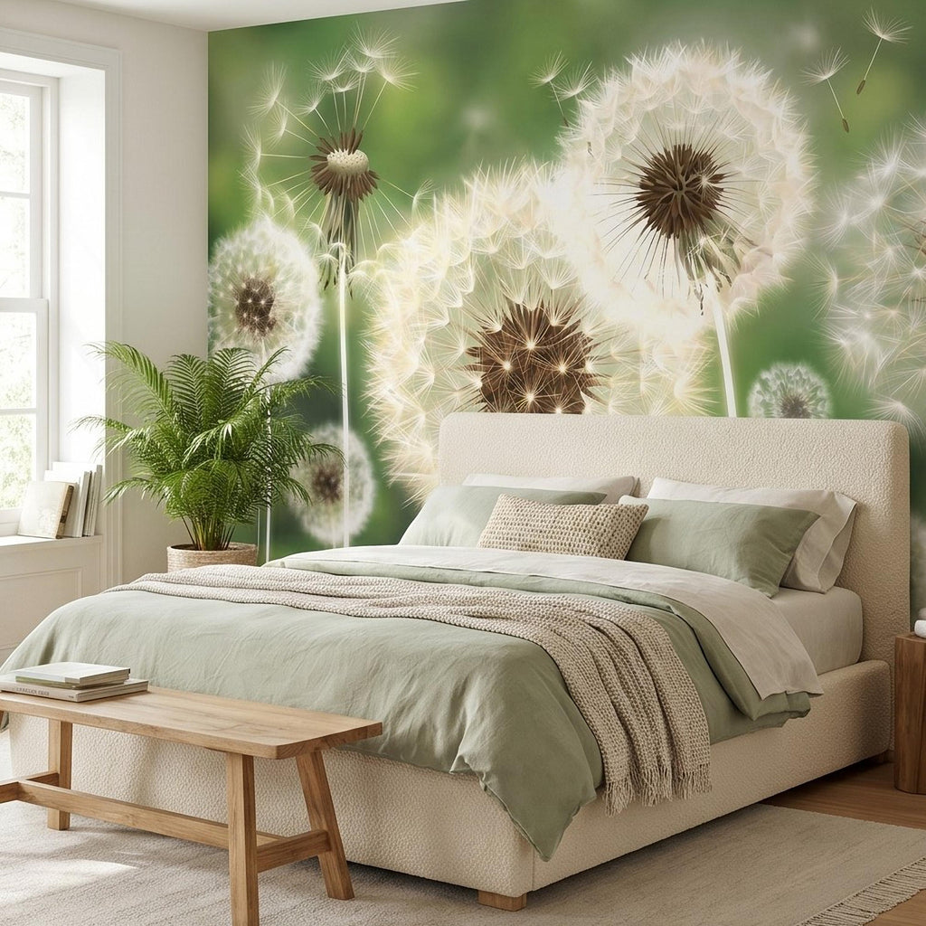 Dandelion Seeds Peel and Stick Wall Mural, Soft Green Nature Background, White Puff Flowers Close Up, Spring Botanical Wallpaper