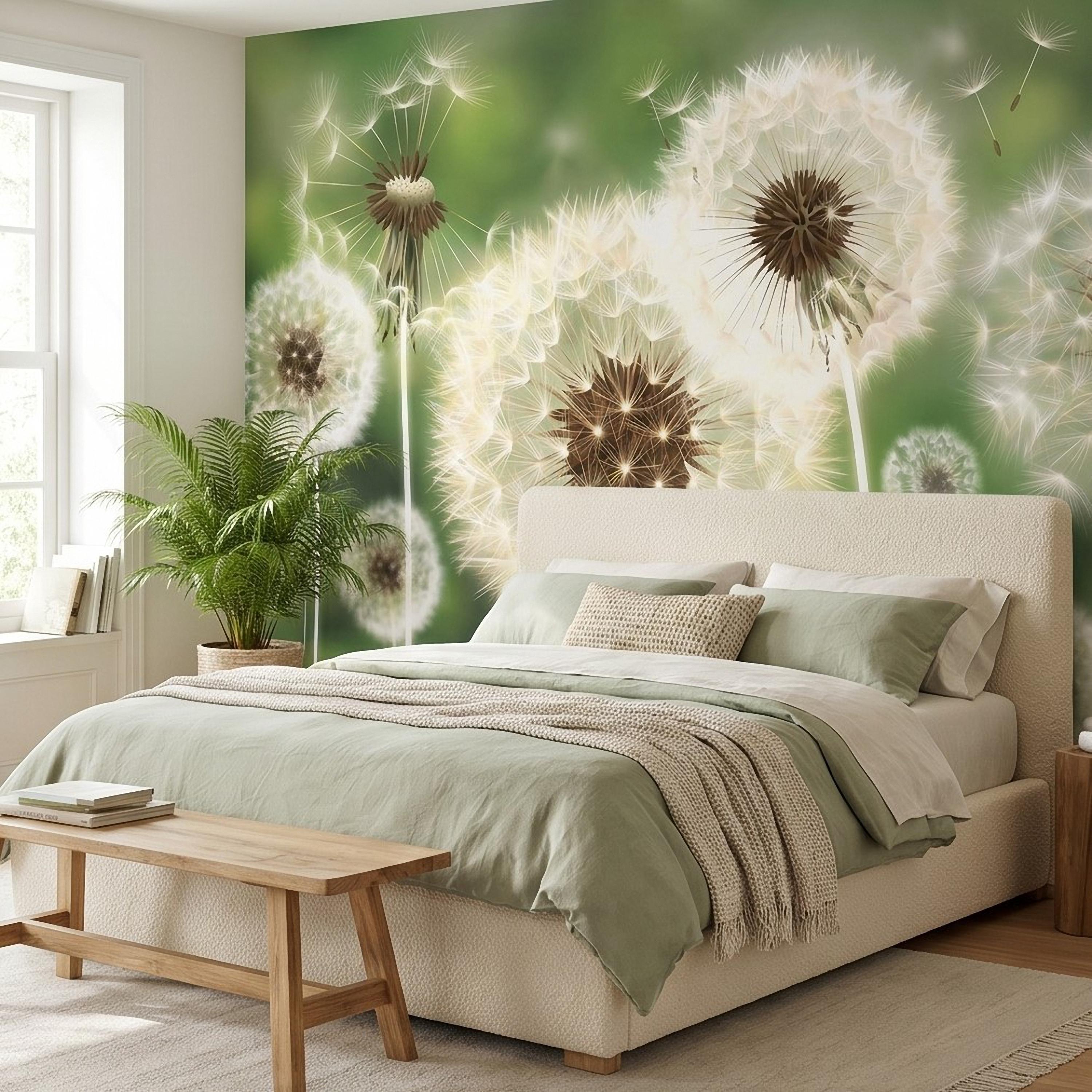 Dandelion Seeds Peel and Stick Wall Mural, Soft Green Nature Background, White Puff Flowers Close Up, Spring Botanical Wallpaper