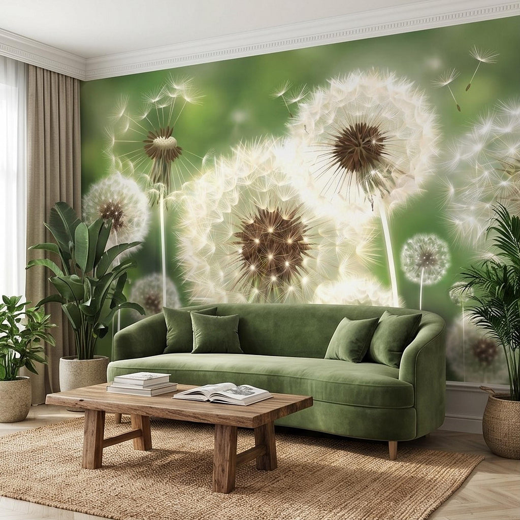 Dandelion Seeds Peel and Stick Wall Mural, Soft Green Nature Background, White Puff Flowers Close Up, Spring Botanical Wallpaper