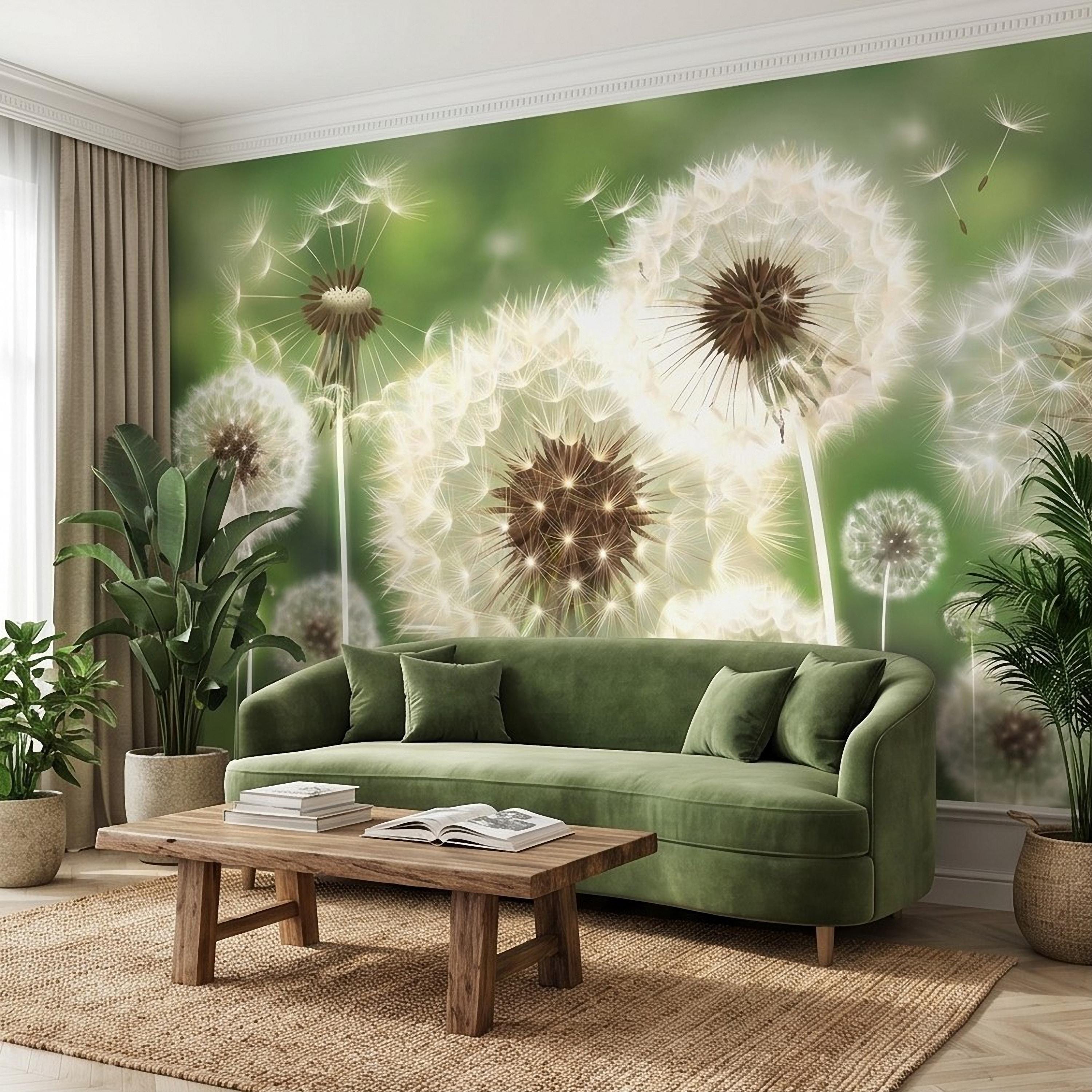 Dandelion Seeds Peel and Stick Wall Mural, Soft Green Nature Background, White Puff Flowers Close Up, Spring Botanical Wallpaper