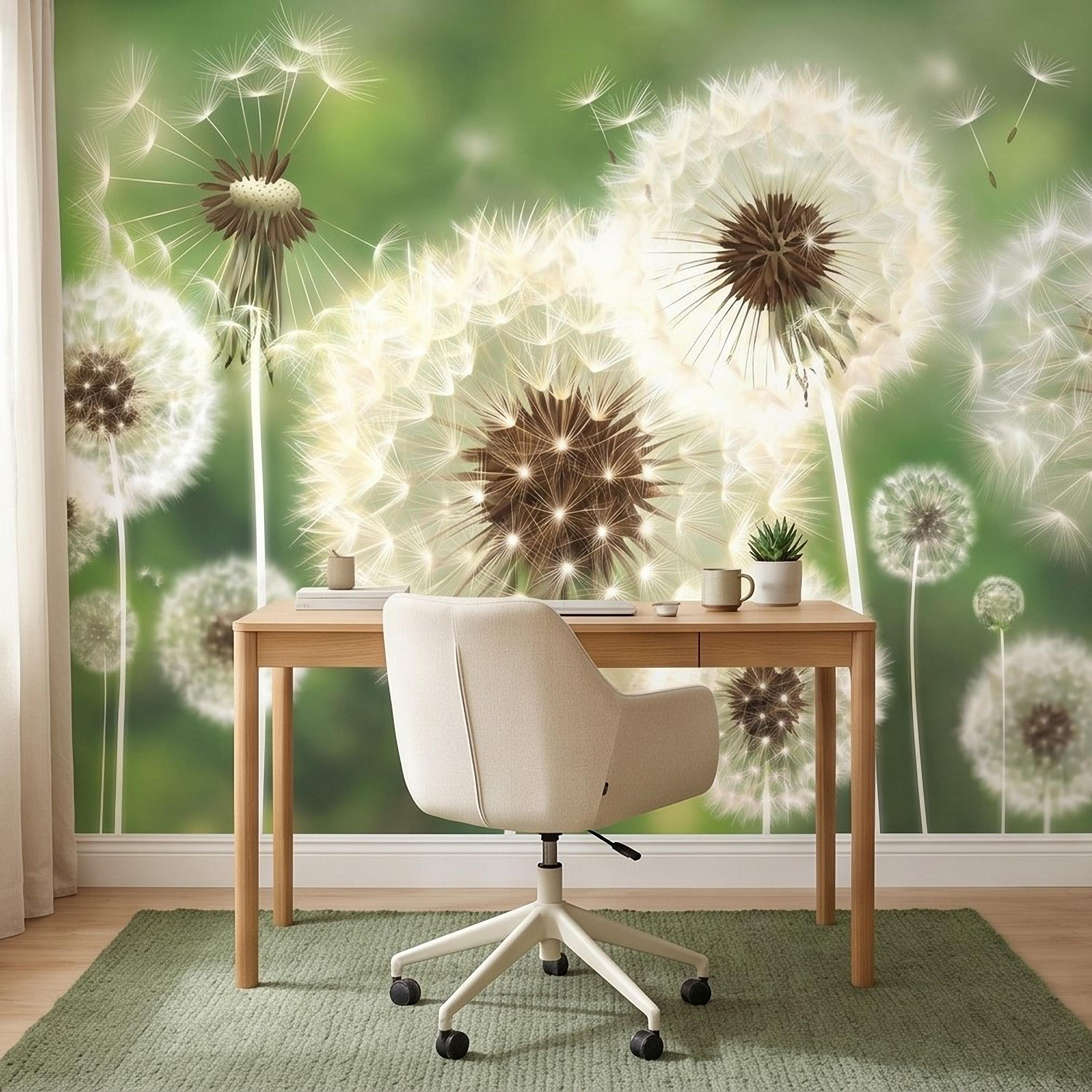 Dandelion Seeds Peel and Stick Wall Mural, Soft Green Nature Background, White Puff Flowers Close Up, Spring Botanical Wallpaper