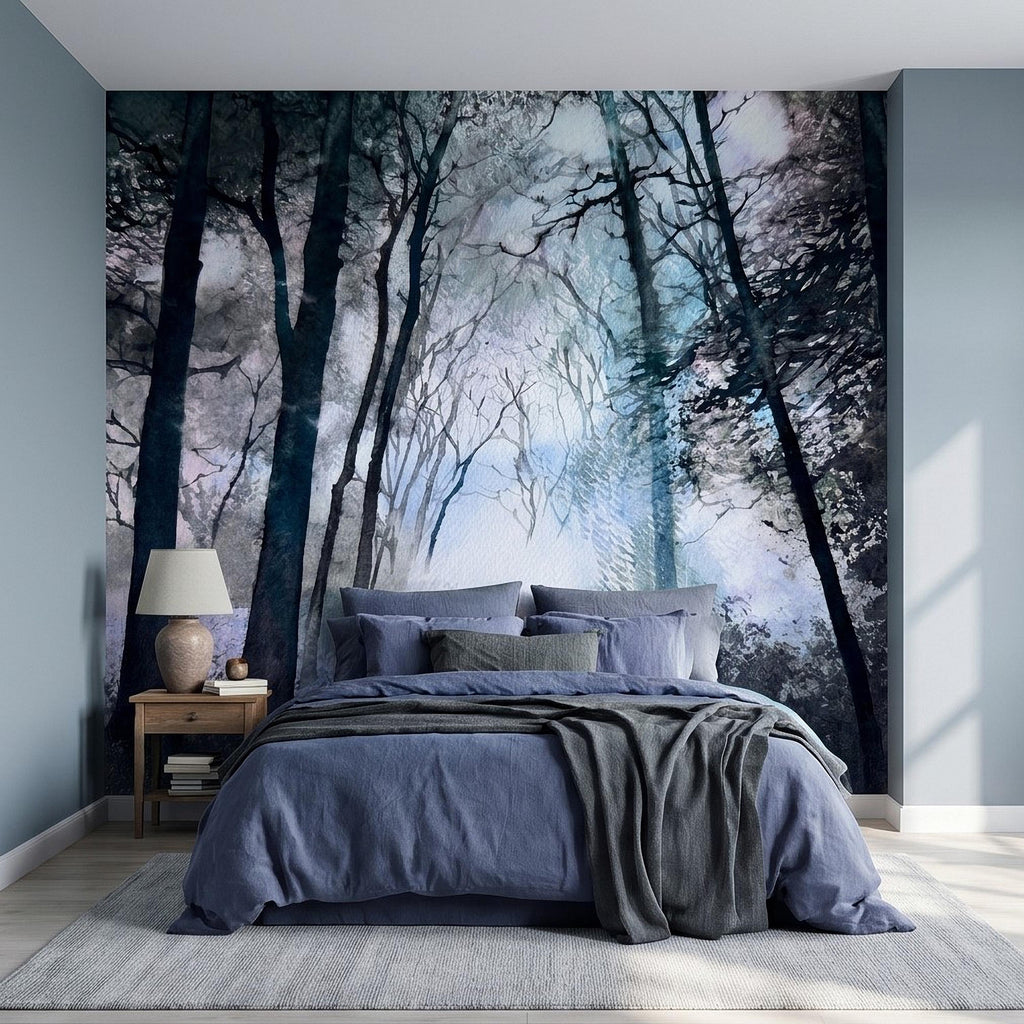 Artistic Watercolor Forest Peel and Stick Wall Mural, Misty Blue Purple Woodland, Ethereal Ink Wash Trees, Moody Abstract Nature Wallpaper