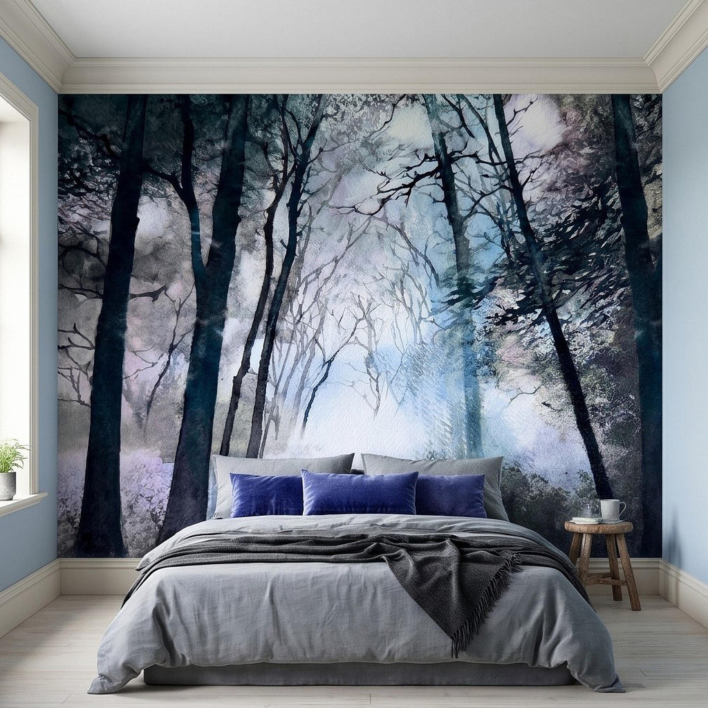 Artistic Watercolor Forest Peel and Stick Wall Mural, Misty Blue Purple Woodland, Ethereal Ink Wash Trees, Moody Abstract Nature Wallpaper