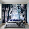 Artistic Watercolor Forest Peel and Stick Wall Mural, Misty Blue Purple Woodland, Ethereal Ink Wash Trees, Moody Abstract Nature Wallpaper