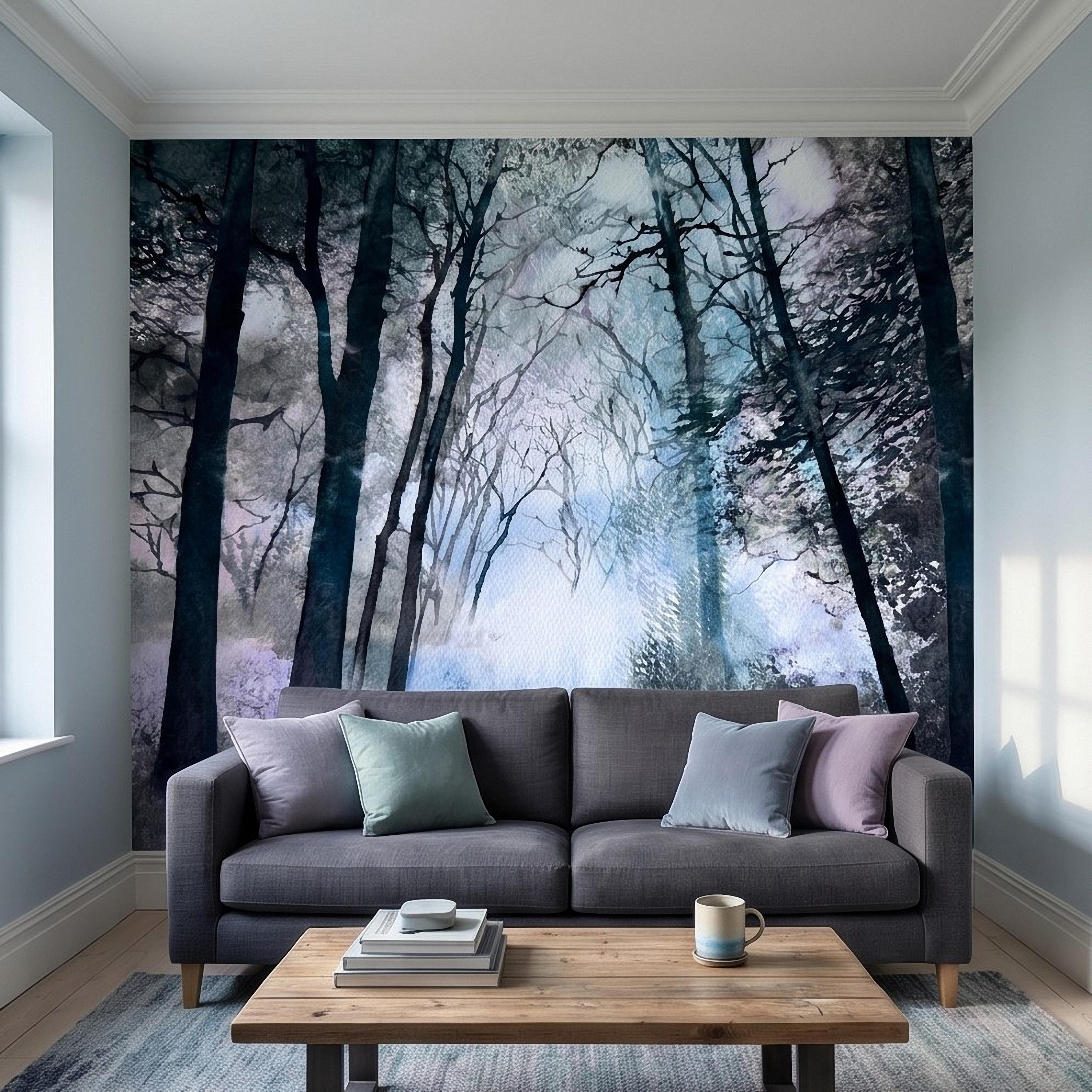 Artistic Watercolor Forest Peel and Stick Wall Mural, Misty Blue Purple Woodland, Ethereal Ink Wash Trees, Moody Abstract Nature Wallpaper