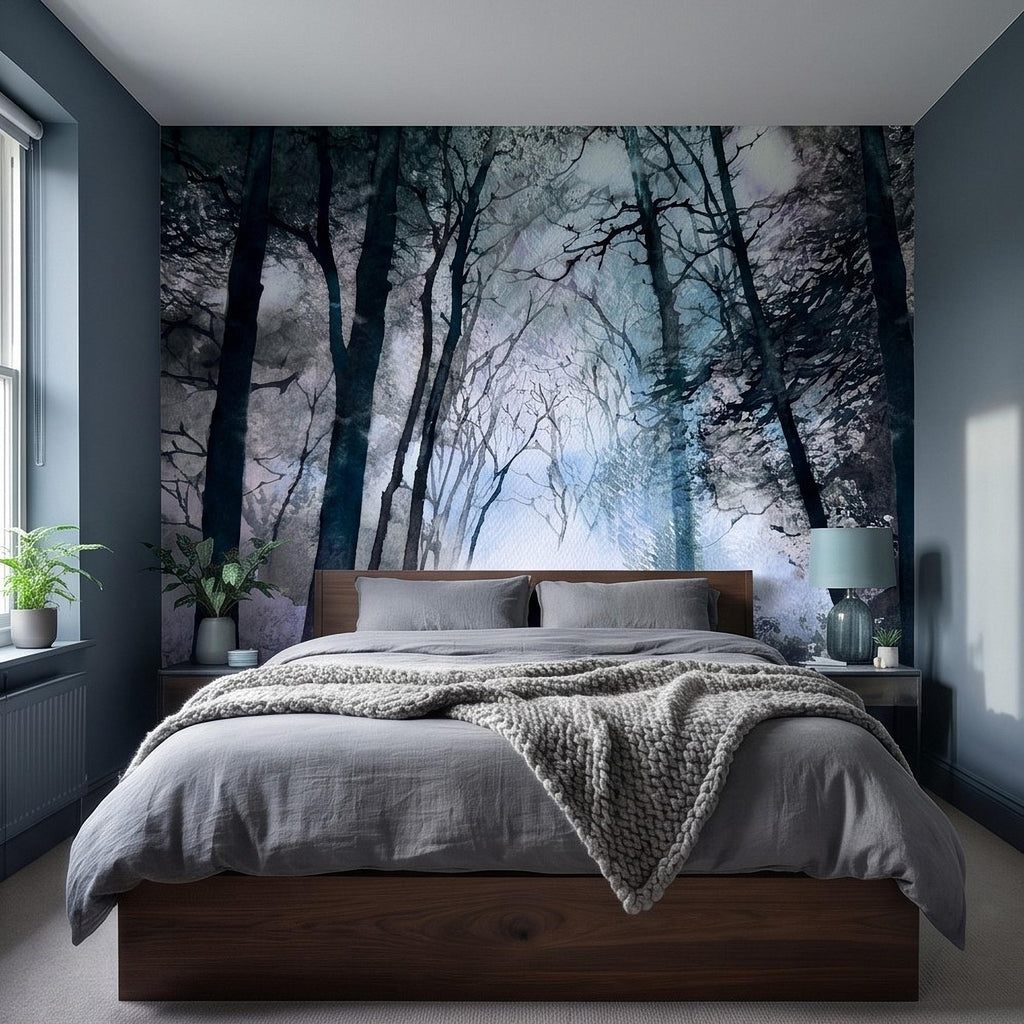 Artistic Watercolor Forest Peel and Stick Wall Mural, Misty Blue Purple Woodland, Ethereal Ink Wash Trees, Moody Abstract Nature Wallpaper