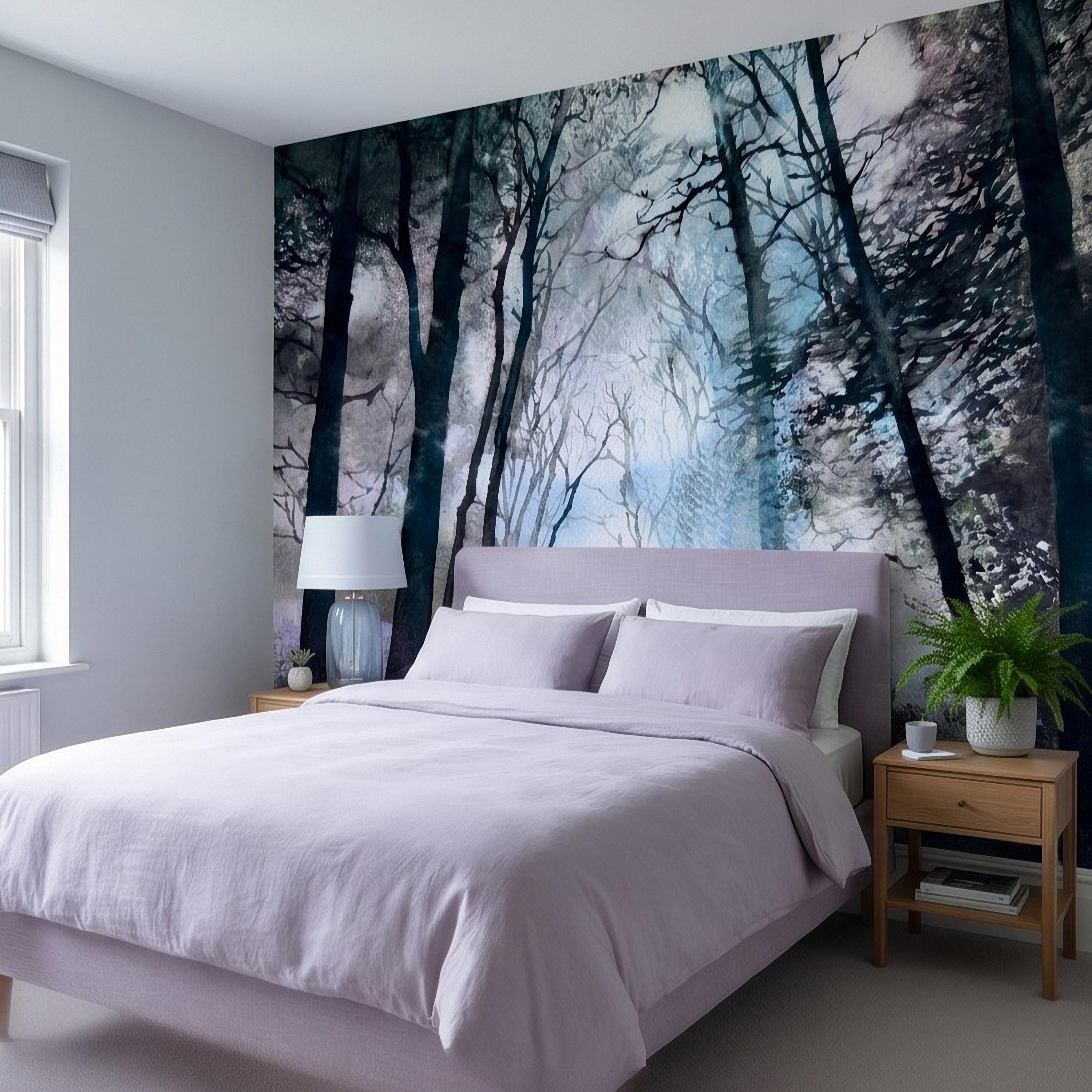 Artistic Watercolor Forest Peel and Stick Wall Mural, Misty Blue Purple Woodland, Ethereal Ink Wash Trees, Moody Abstract Nature Wallpaper