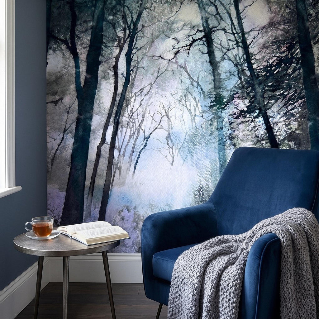 Artistic Watercolor Forest Peel and Stick Wall Mural, Misty Blue Purple Woodland, Ethereal Ink Wash Trees, Moody Abstract Nature Wallpaper