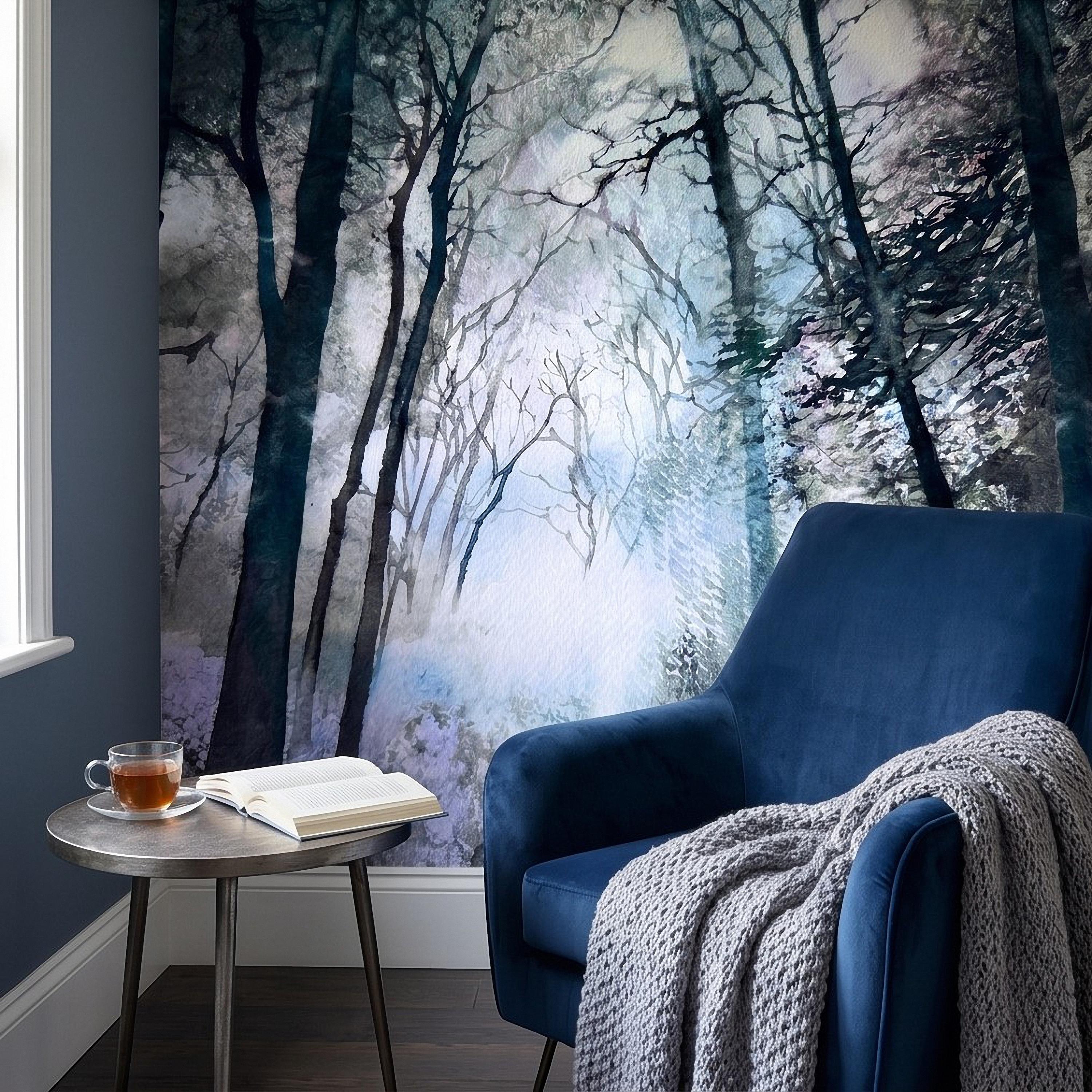 Artistic Watercolor Forest Peel and Stick Wall Mural, Misty Blue Purple Woodland, Ethereal Ink Wash Trees, Moody Abstract Nature Wallpaper