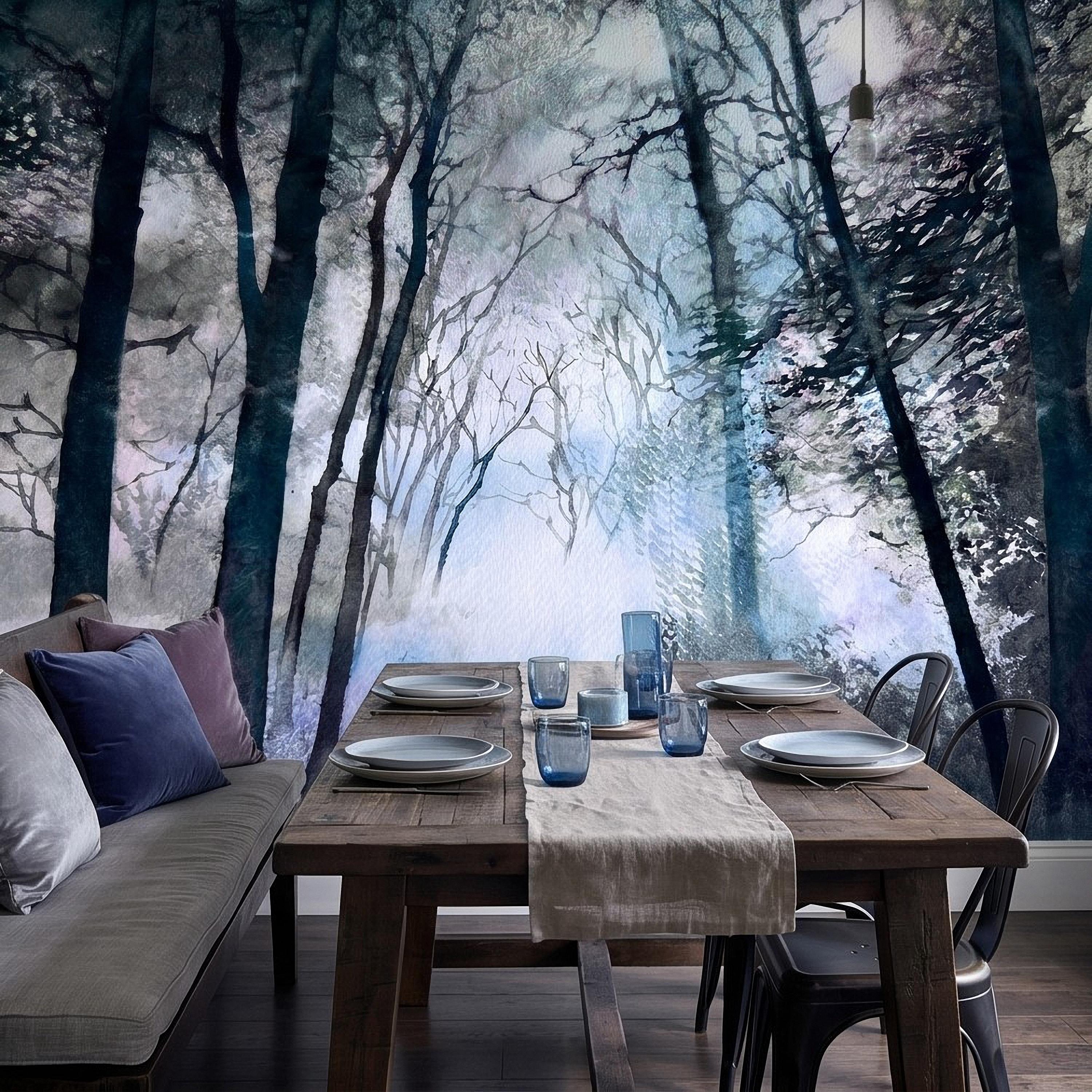 Artistic Watercolor Forest Peel and Stick Wall Mural, Misty Blue Purple Woodland, Ethereal Ink Wash Trees, Moody Abstract Nature Wallpaper