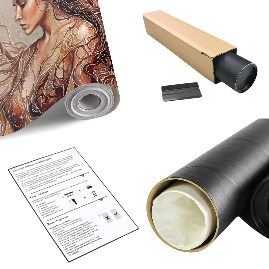 Art Nouveau Woman Peel and Stick Wall Mural, Abstract Female Portrait with Flowing Hair, Boho Earth Tone Line Art Wallpaper