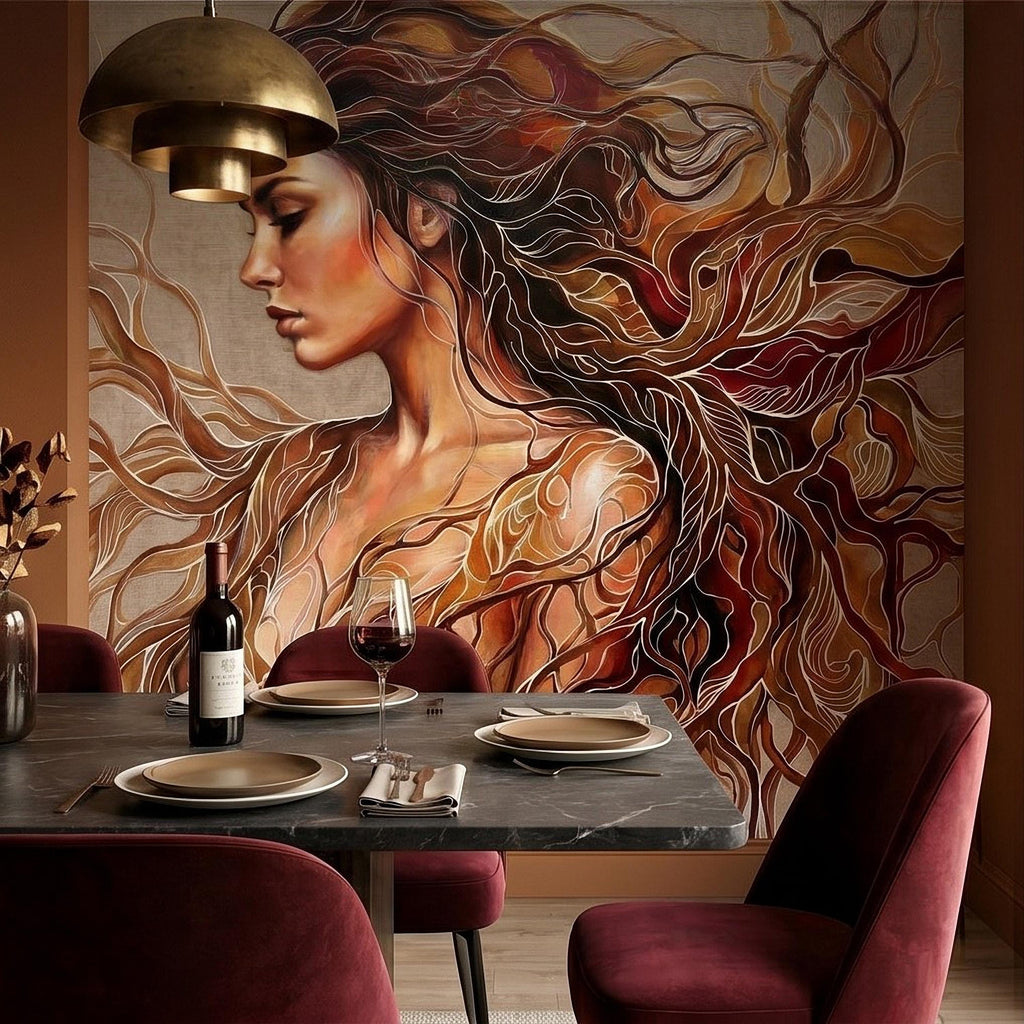 Art Nouveau Woman Peel and Stick Wall Mural, Abstract Female Portrait with Flowing Hair, Boho Earth Tone Line Art Wallpaper