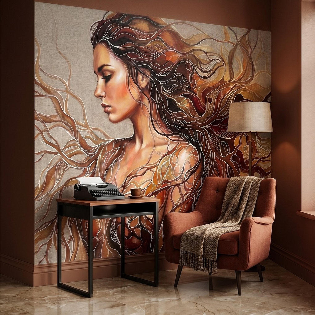 Art Nouveau Woman Peel and Stick Wall Mural, Abstract Female Portrait with Flowing Hair, Boho Earth Tone Line Art Wallpaper