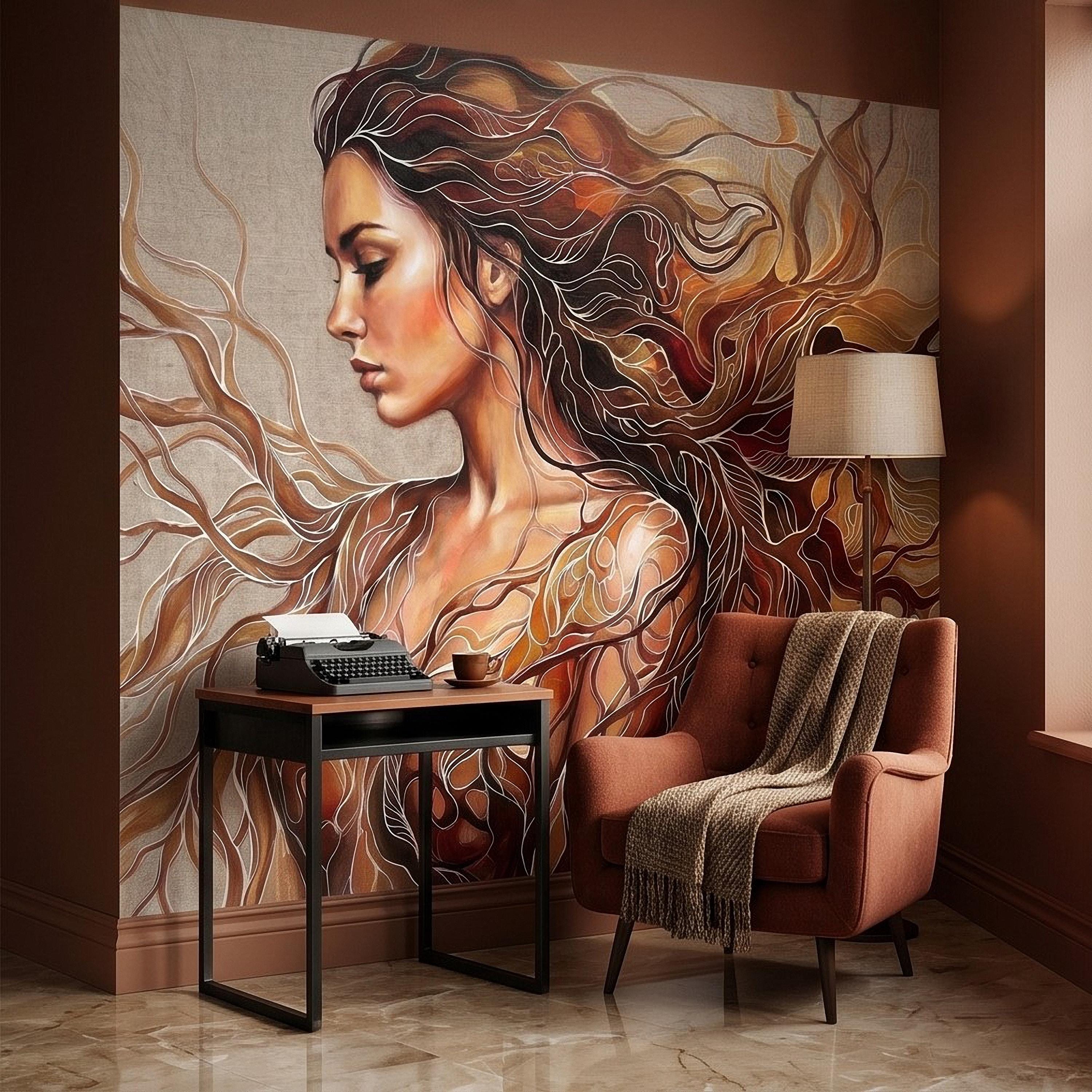 Art Nouveau Woman Peel and Stick Wall Mural, Abstract Female Portrait with Flowing Hair, Boho Earth Tone Line Art Wallpaper