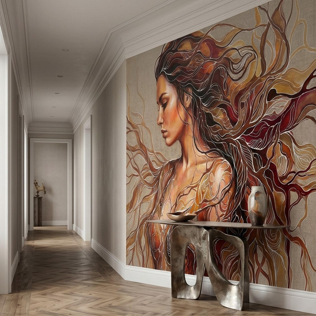 Art Nouveau Woman Peel and Stick Wall Mural, Abstract Female Portrait with Flowing Hair, Boho Earth Tone Line Art Wallpaper