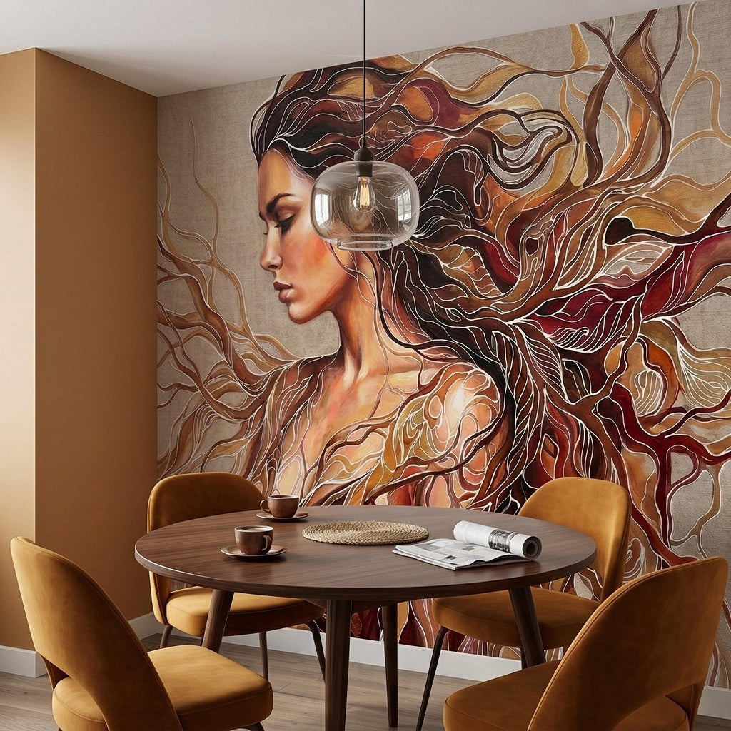 Art Nouveau Woman Peel and Stick Wall Mural, Abstract Female Portrait with Flowing Hair, Boho Earth Tone Line Art Wallpaper