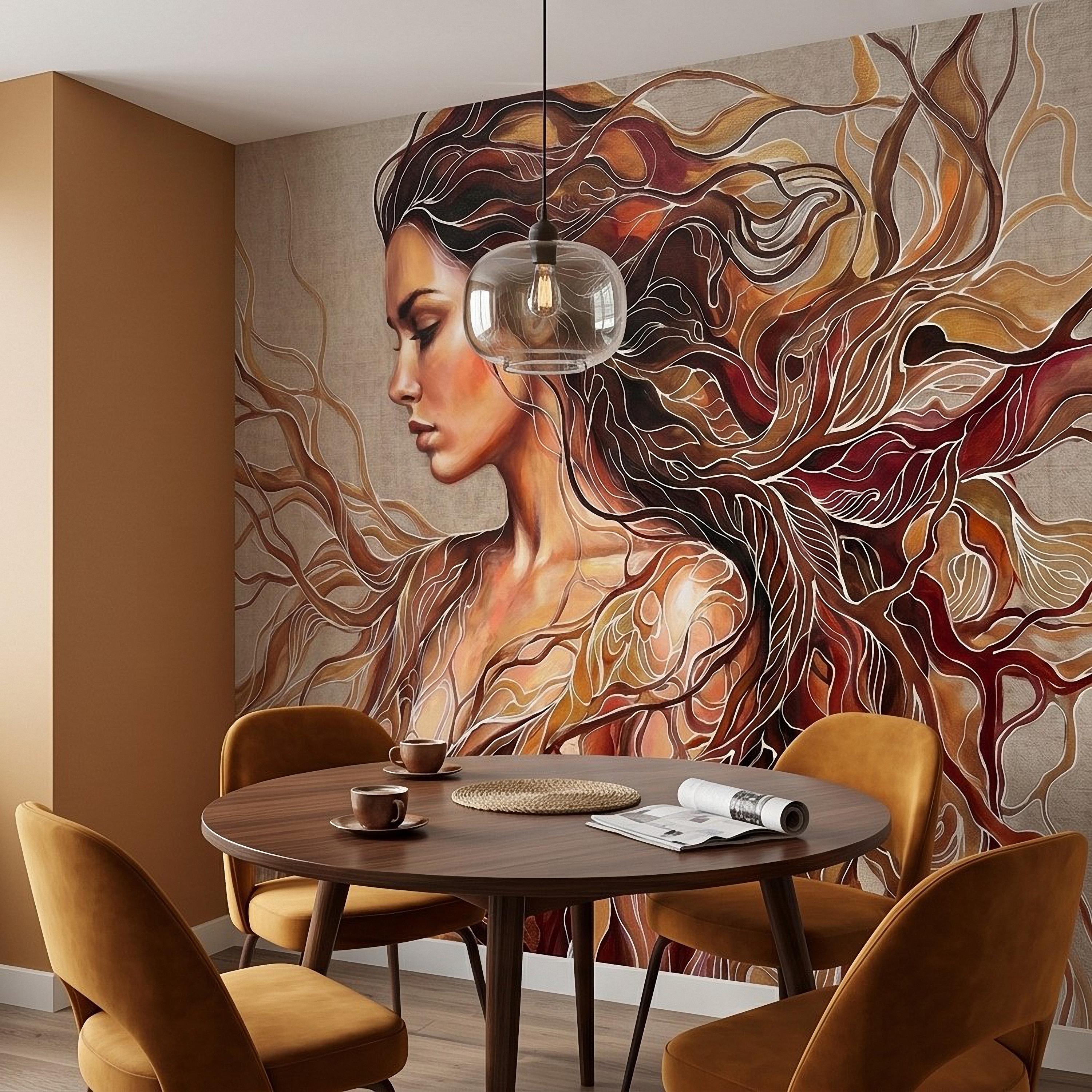 Art Nouveau Woman Peel and Stick Wall Mural, Abstract Female Portrait with Flowing Hair, Boho Earth Tone Line Art Wallpaper