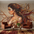 Art Nouveau Woman Peel and Stick Wall Mural, Abstract Female Portrait with Flowing Hair, Boho Earth Tone Line Art Wallpaper