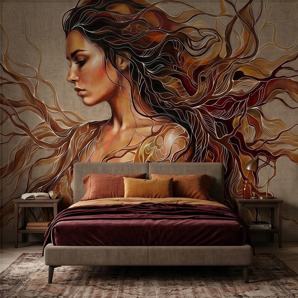 Art Nouveau Woman Peel and Stick Wall Mural, Abstract Female Portrait with Flowing Hair, Boho Earth Tone Line Art Wallpaper
