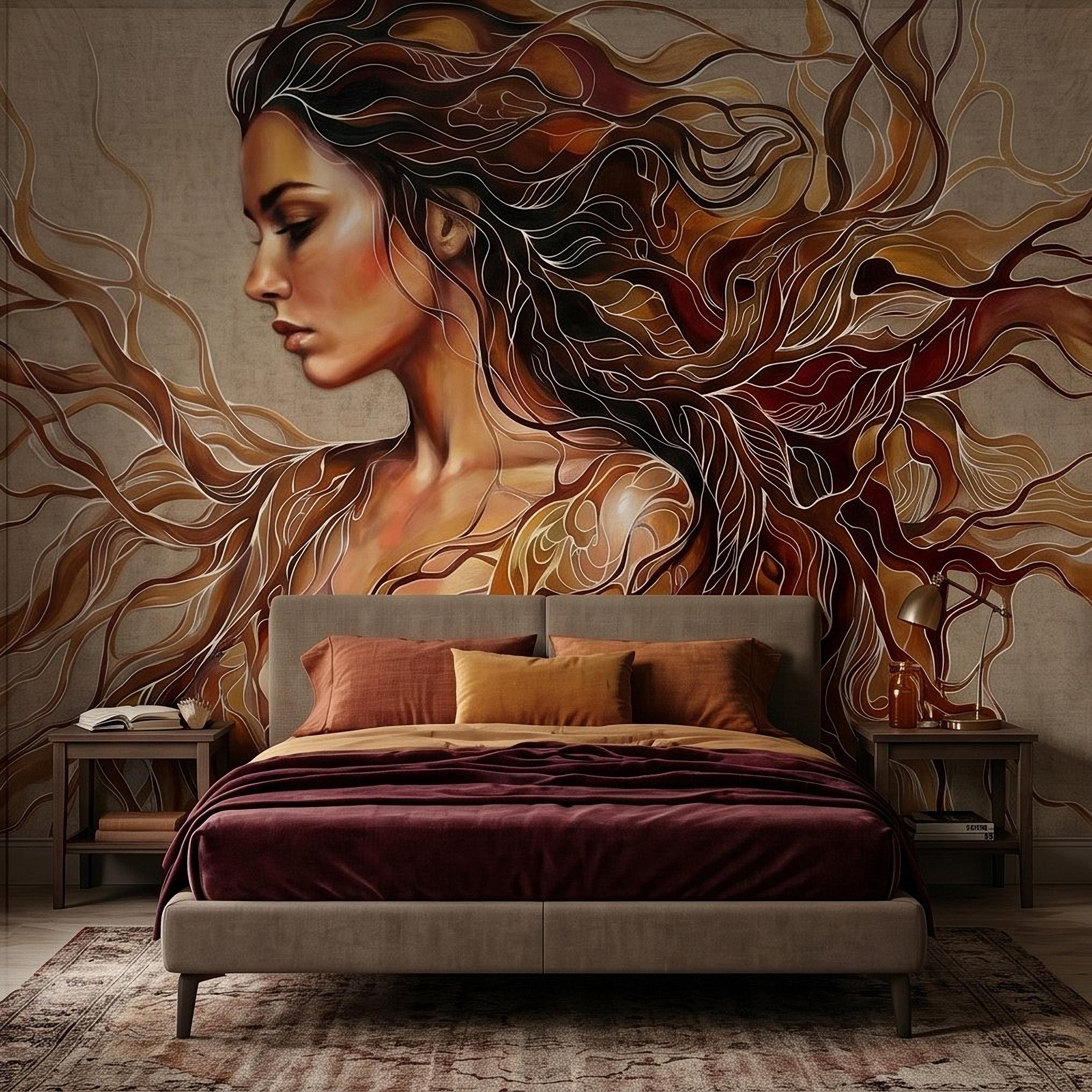 Art Nouveau Woman Peel and Stick Wall Mural, Abstract Female Portrait with Flowing Hair, Boho Earth Tone Line Art Wallpaper