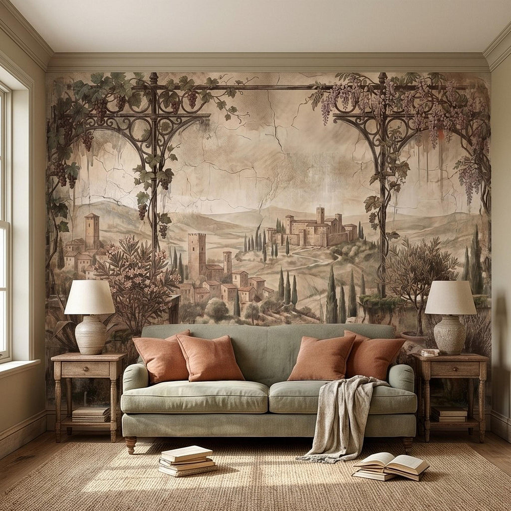 Vineyard Grapevine Pergola Terrace Peel and Stick Wall Mural, Tuscan Countryside with Cypress Hills, Vintage Fresco Garden Scene Wallpaper