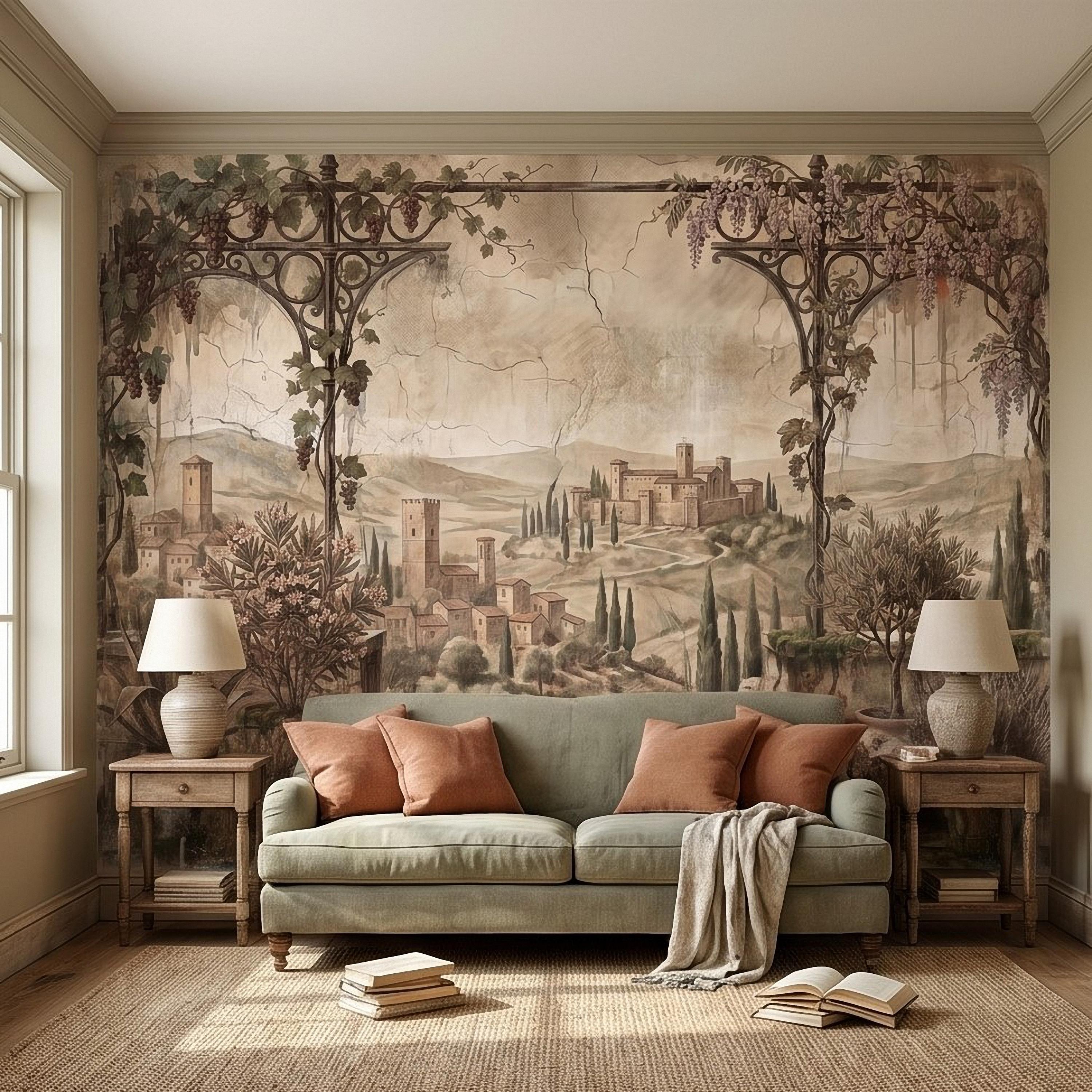 Vineyard Grapevine Pergola Terrace Peel and Stick Wall Mural, Tuscan Countryside with Cypress Hills, Vintage Fresco Garden Scene Wallpaper