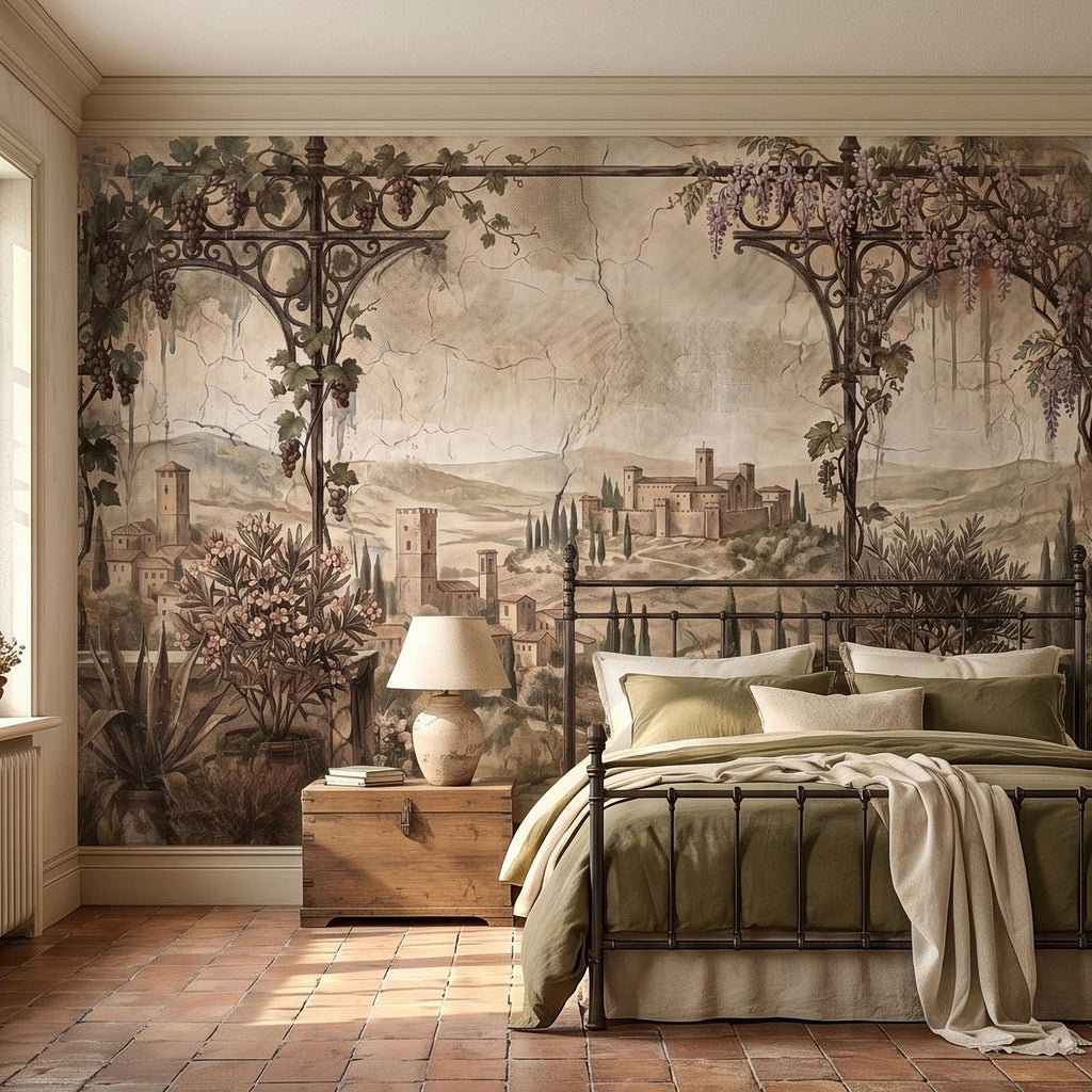 Vineyard Grapevine Pergola Terrace Peel and Stick Wall Mural, Tuscan Countryside with Cypress Hills, Vintage Fresco Garden Scene Wallpaper