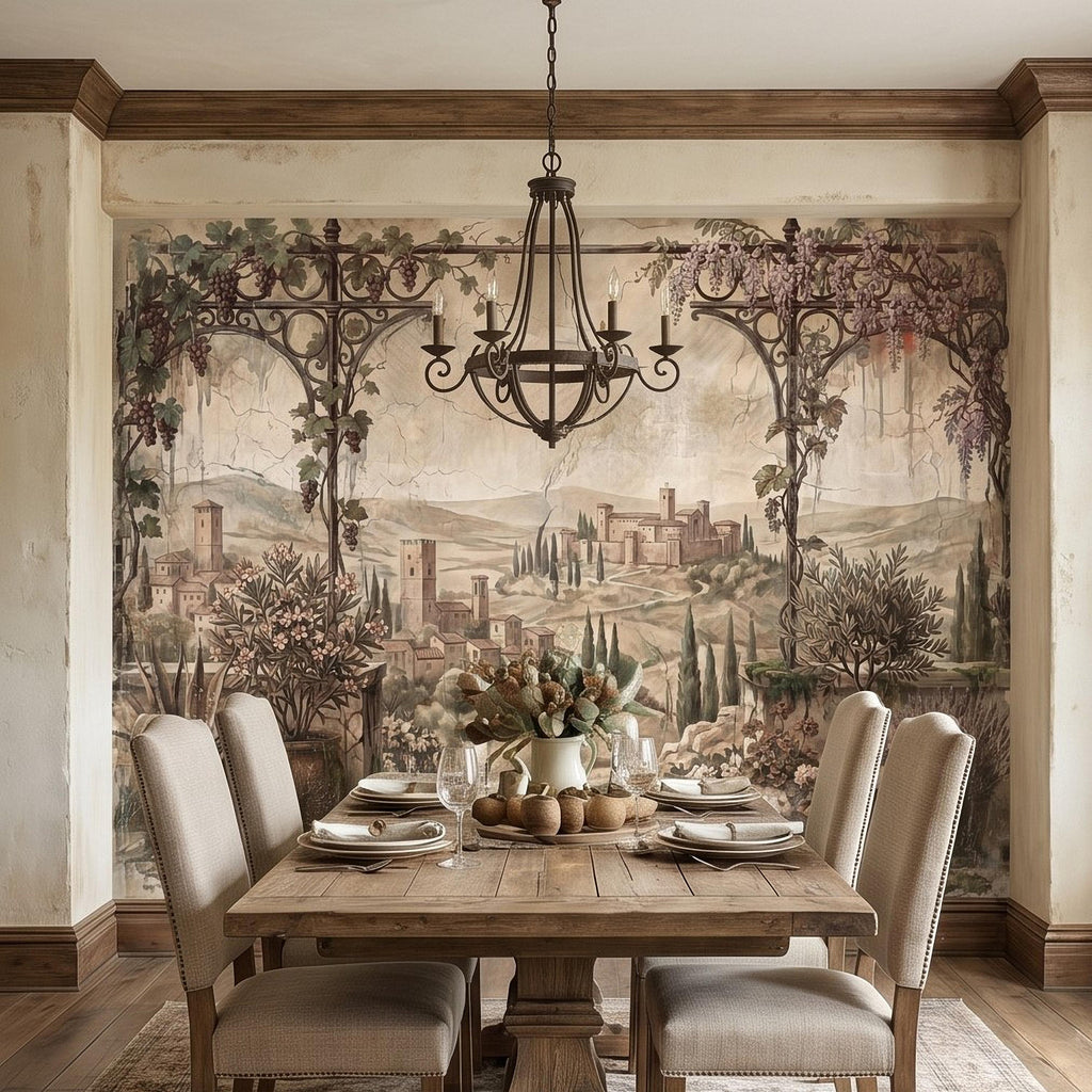 Vineyard Grapevine Pergola Terrace Peel and Stick Wall Mural, Tuscan Countryside with Cypress Hills, Vintage Fresco Garden Scene Wallpaper