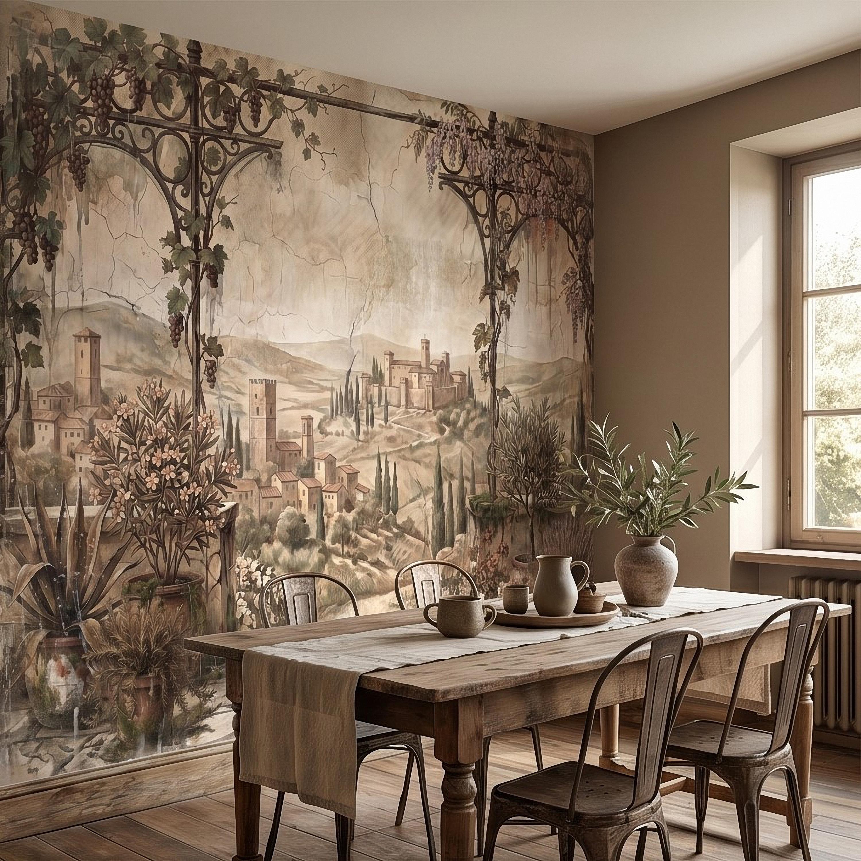 Vineyard Grapevine Pergola Terrace Peel and Stick Wall Mural, Tuscan Countryside with Cypress Hills, Vintage Fresco Garden Scene Wallpaper
