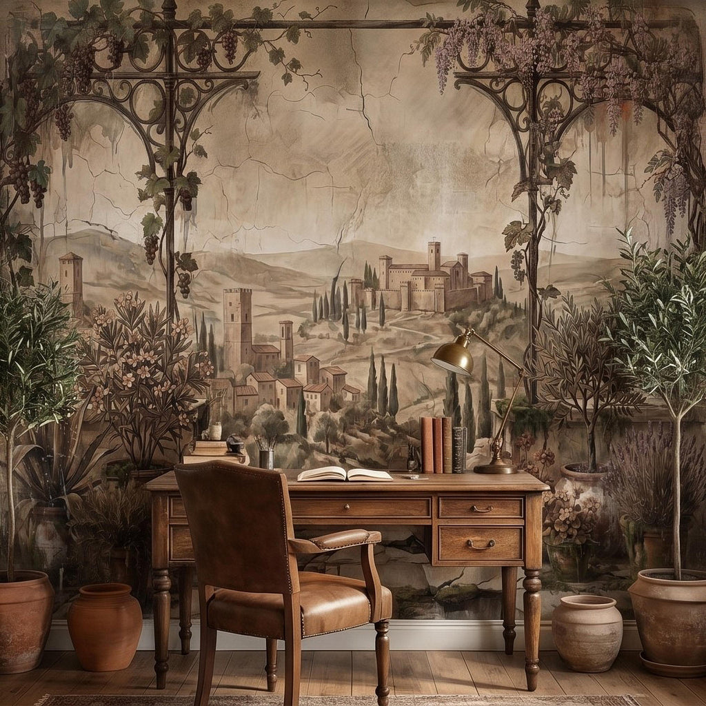 Vineyard Grapevine Pergola Terrace Peel and Stick Wall Mural, Tuscan Countryside with Cypress Hills, Vintage Fresco Garden Scene Wallpaper