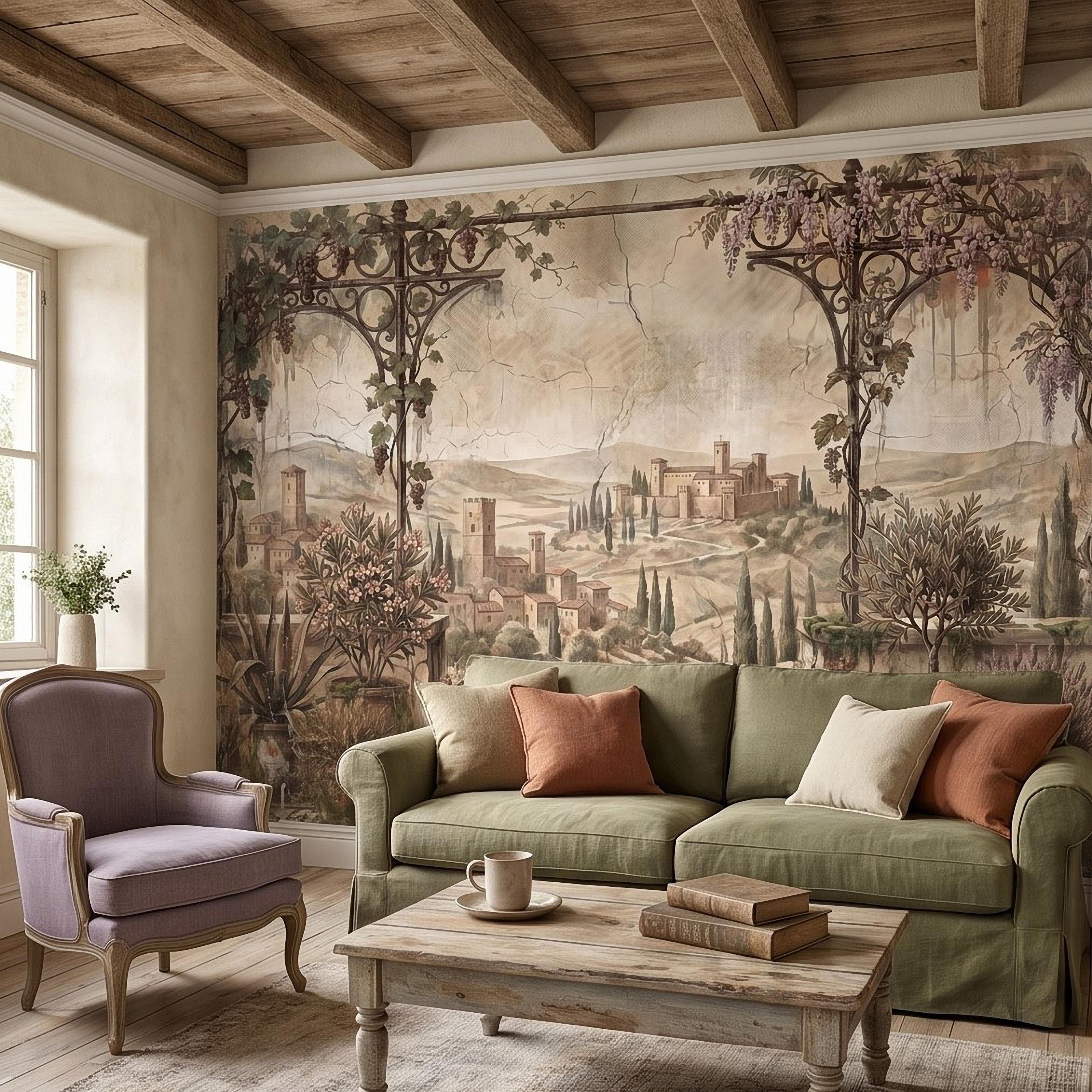 Vineyard Grapevine Pergola Terrace Peel and Stick Wall Mural, Tuscan Countryside with Cypress Hills, Vintage Fresco Garden Scene Wallpaper