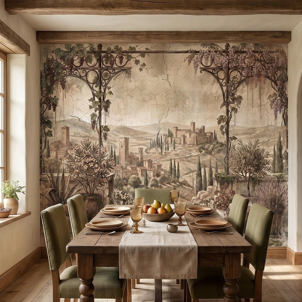 Vineyard Grapevine Pergola Terrace Peel and Stick Wall Mural, Tuscan Countryside with Cypress Hills, Vintage Fresco Garden Scene Wallpaper