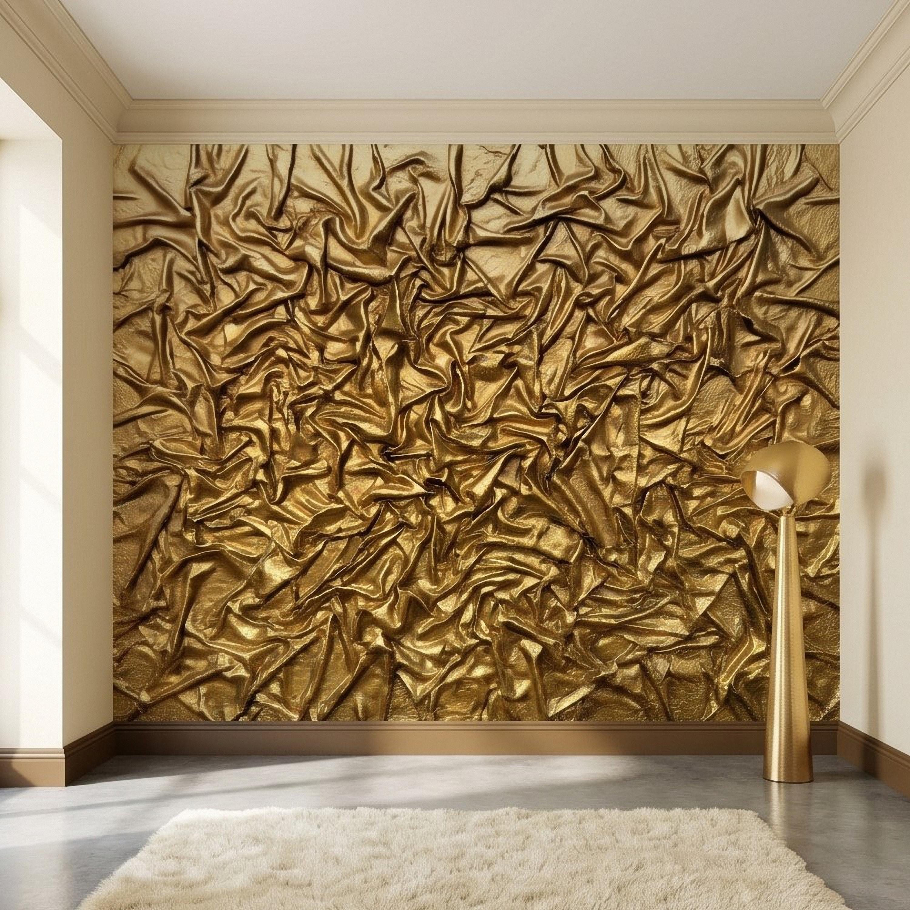 Golden Crumpled Fabric Relief Peel and Stick Wall Mural, 3D Abstract Gold Foil Structural Art, Wrinkled Gilded Texture Art Deco Wallpaper