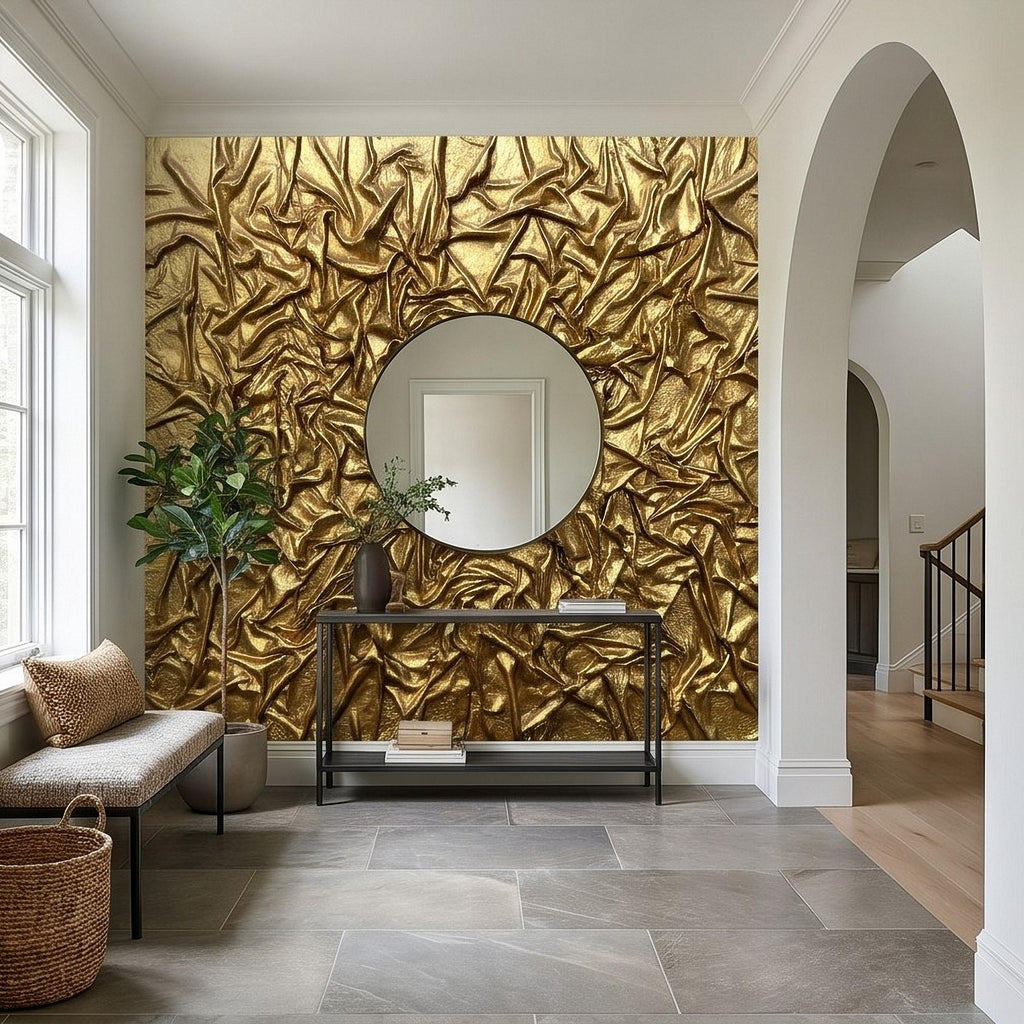 Golden Crumpled Fabric Relief Peel and Stick Wall Mural, 3D Abstract Gold Foil Structural Art, Wrinkled Gilded Texture Art Deco Wallpaper