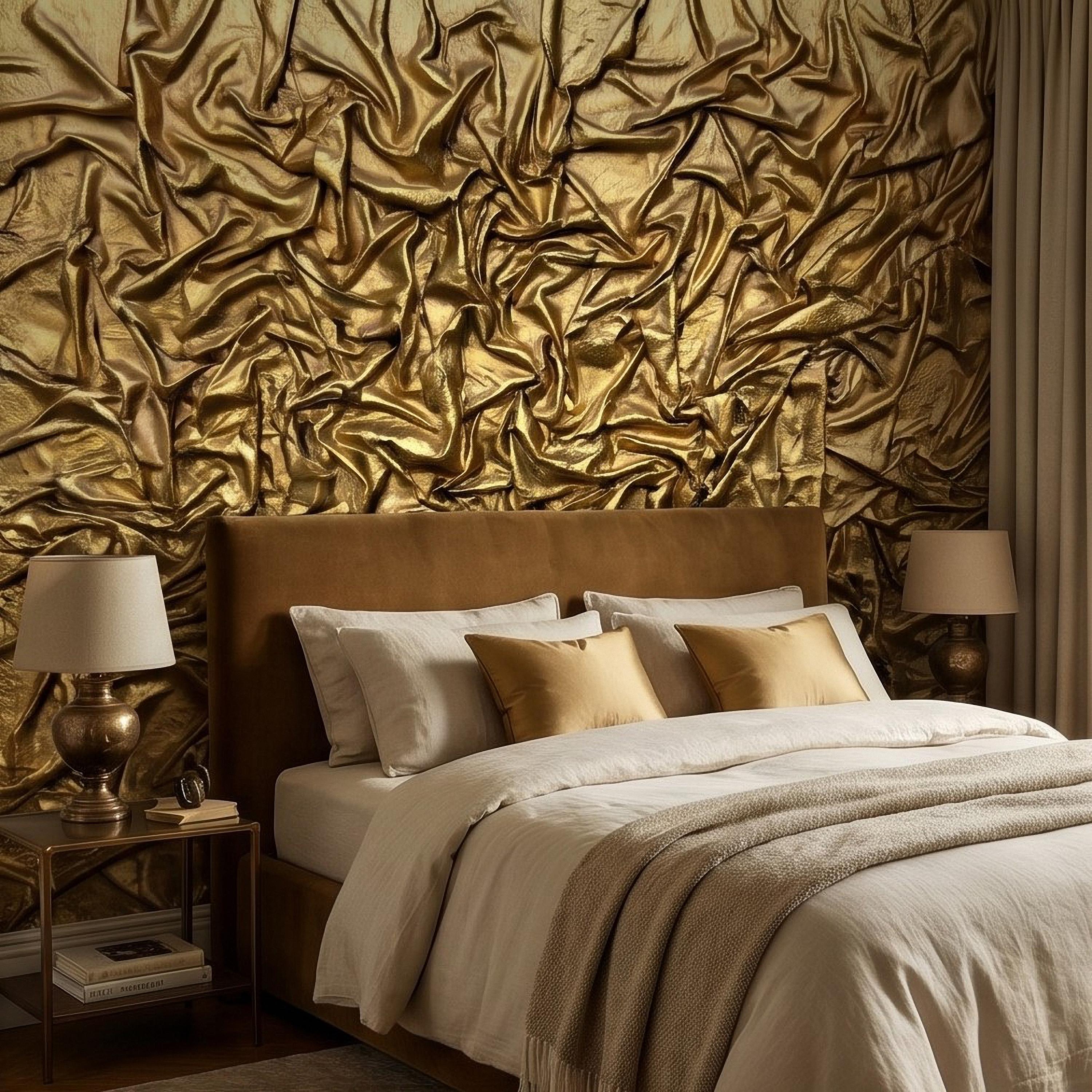Golden Crumpled Fabric Relief Peel and Stick Wall Mural, 3D Abstract Gold Foil Structural Art, Wrinkled Gilded Texture Art Deco Wallpaper