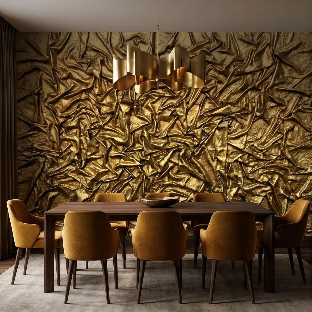 Golden Crumpled Fabric Relief Peel and Stick Wall Mural, 3D Abstract Gold Foil Structural Art, Wrinkled Gilded Texture Art Deco Wallpaper