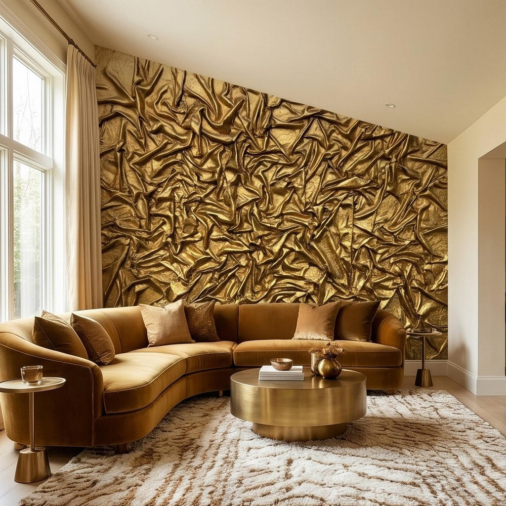 Golden Crumpled Fabric Relief Peel and Stick Wall Mural, 3D Abstract Gold Foil Structural Art, Wrinkled Gilded Texture Art Deco Wallpaper