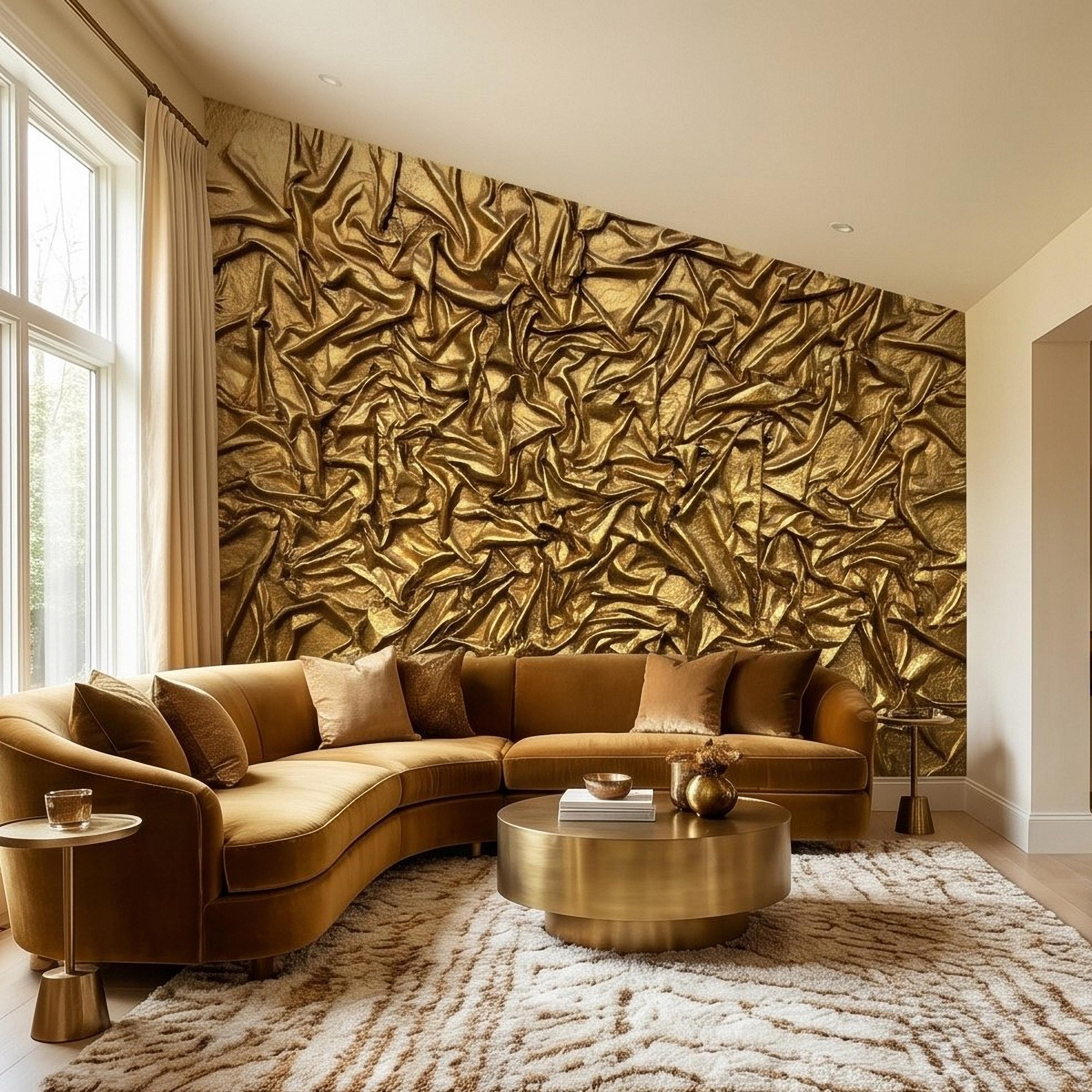 Golden Crumpled Fabric Relief Peel and Stick Wall Mural, 3D Abstract Gold Foil Structural Art, Wrinkled Gilded Texture Art Deco Wallpaper