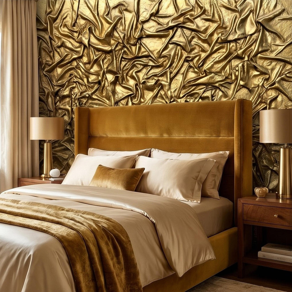 Golden Crumpled Fabric Relief Peel and Stick Wall Mural, 3D Abstract Gold Foil Structural Art, Wrinkled Gilded Texture Art Deco Wallpaper