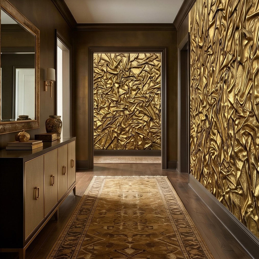Golden Crumpled Fabric Relief Peel and Stick Wall Mural, 3D Abstract Gold Foil Structural Art, Wrinkled Gilded Texture Art Deco Wallpaper