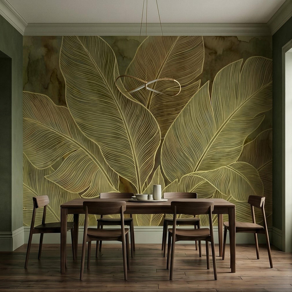 Tropical Leaf Peel and Stick Wall Mural, Neutral Botanical Line Art, Large Banana Leaves Earth Tone Modern Wallpaper