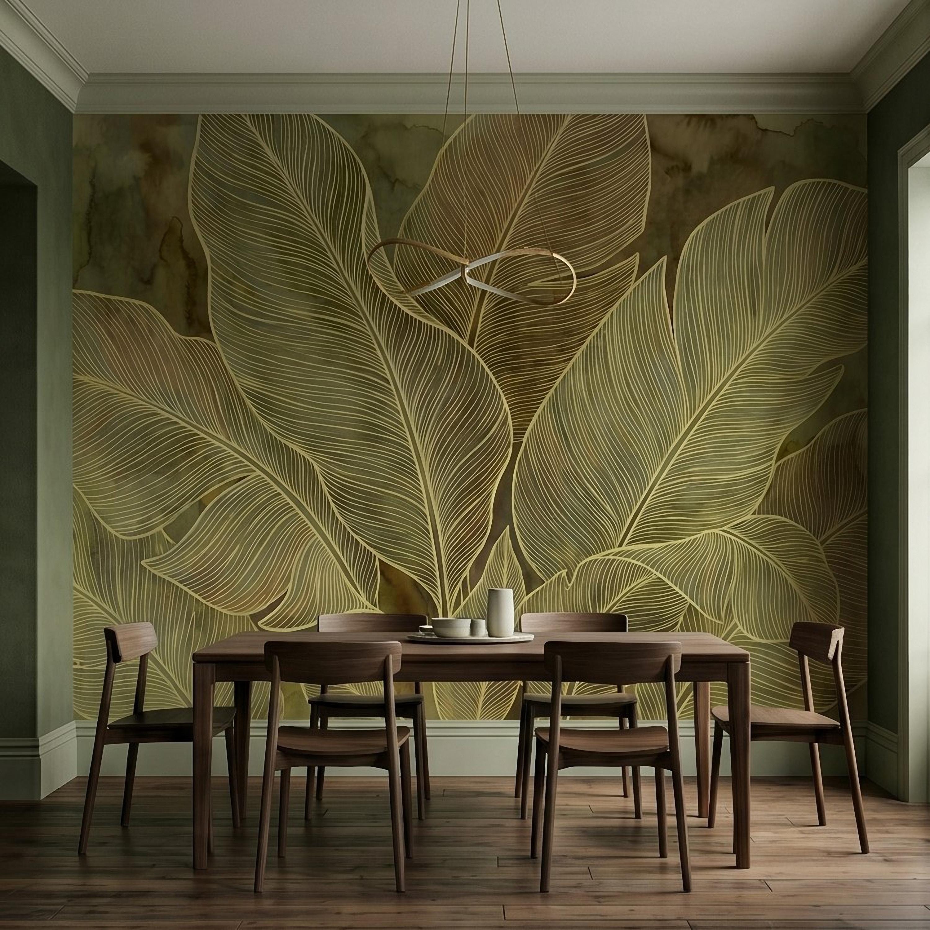 Tropical Leaf Peel and Stick Wall Mural, Neutral Botanical Line Art, Large Banana Leaves Earth Tone Modern Wallpaper
