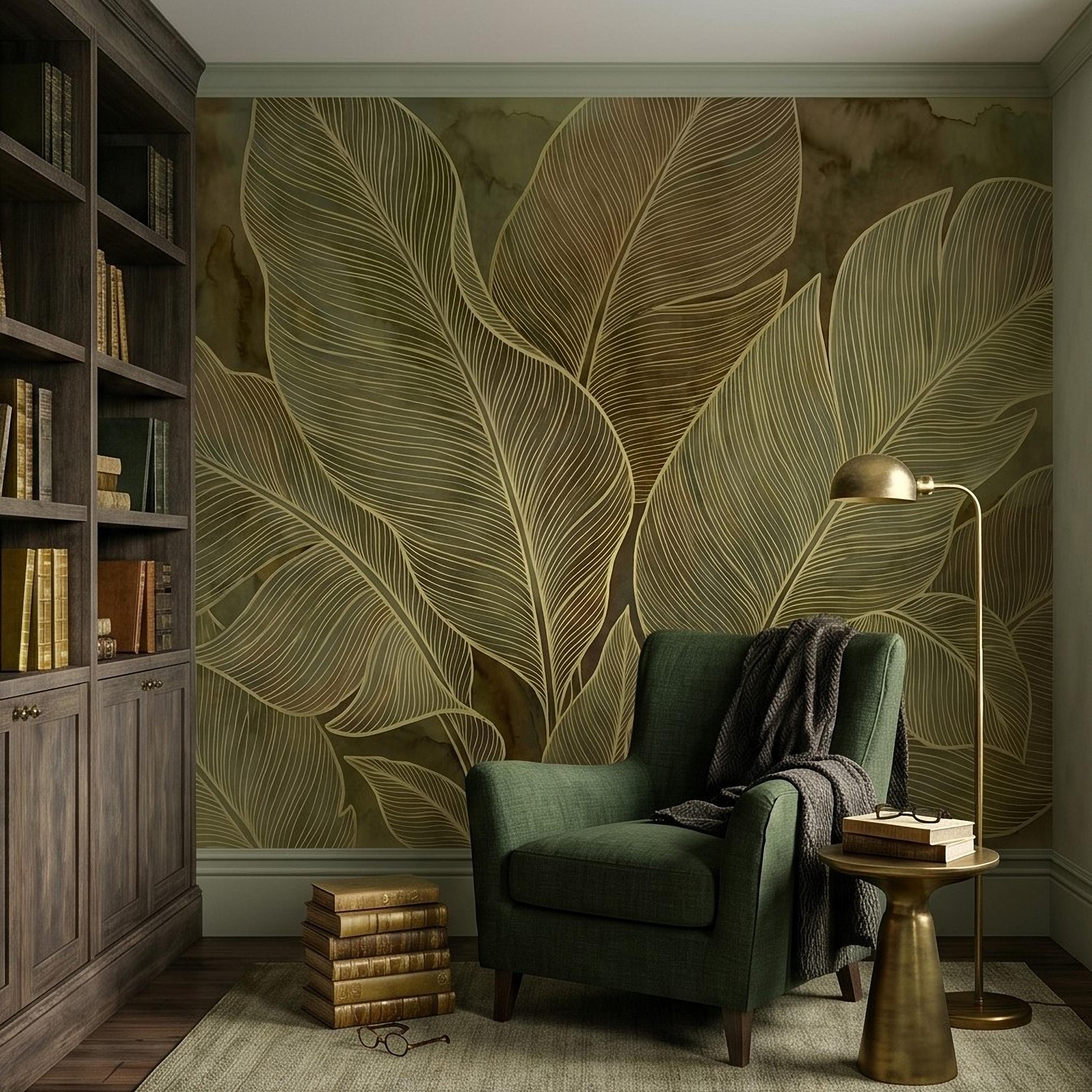 Tropical Leaf Peel and Stick Wall Mural, Neutral Botanical Line Art, Large Banana Leaves Earth Tone Modern Wallpaper