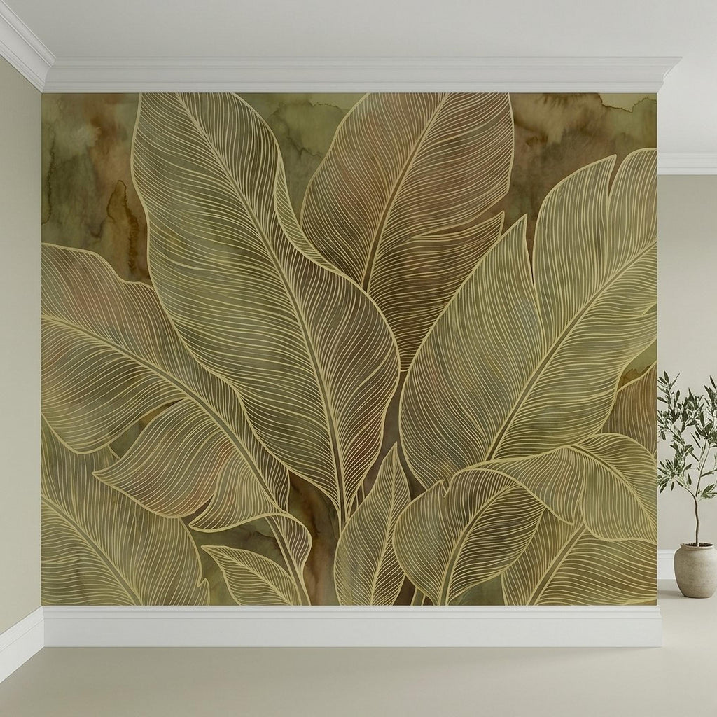 Tropical Leaf Peel and Stick Wall Mural, Neutral Botanical Line Art, Large Banana Leaves Earth Tone Modern Wallpaper