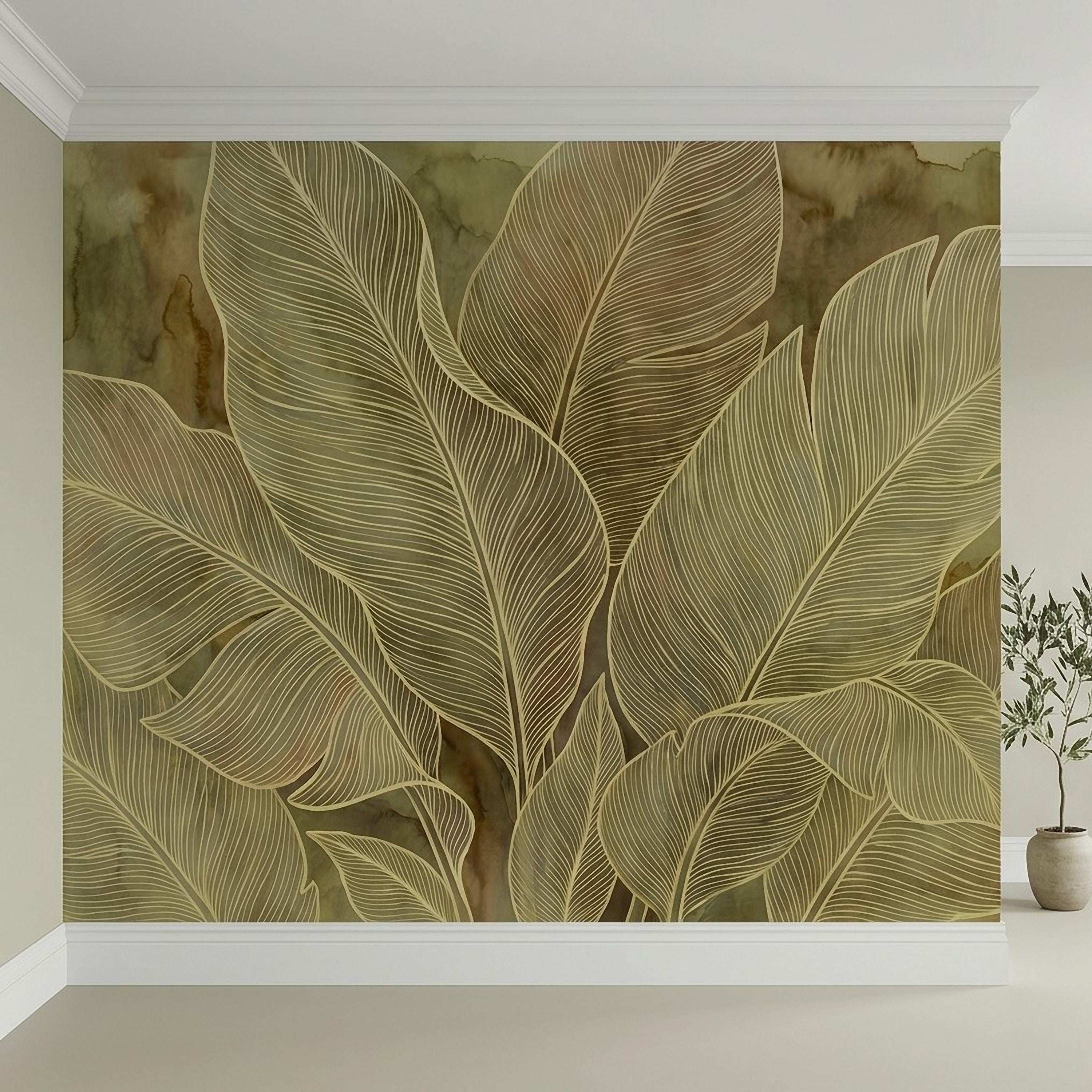 Tropical Leaf Peel and Stick Wall Mural, Neutral Botanical Line Art, Large Banana Leaves Earth Tone Modern Wallpaper